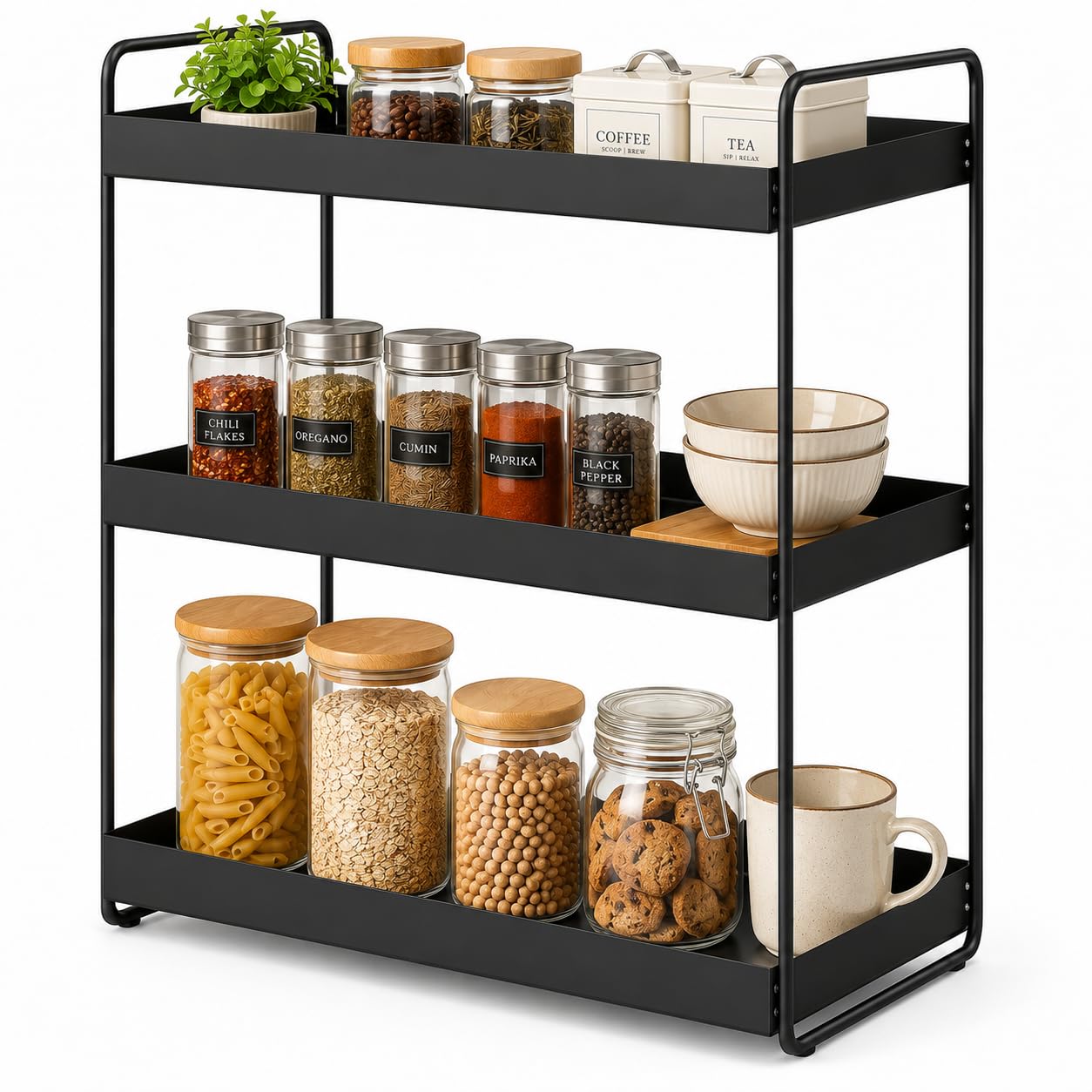 Homeor 3-Tier Metal Countertop Organizer | Heavy Duty Standing Rack for Kitchen Spice Storage & Bathroom Vanity | Multi-Purpose Shelf For Kitchen, Cosmetic & Toiletry Display Shelf, Black