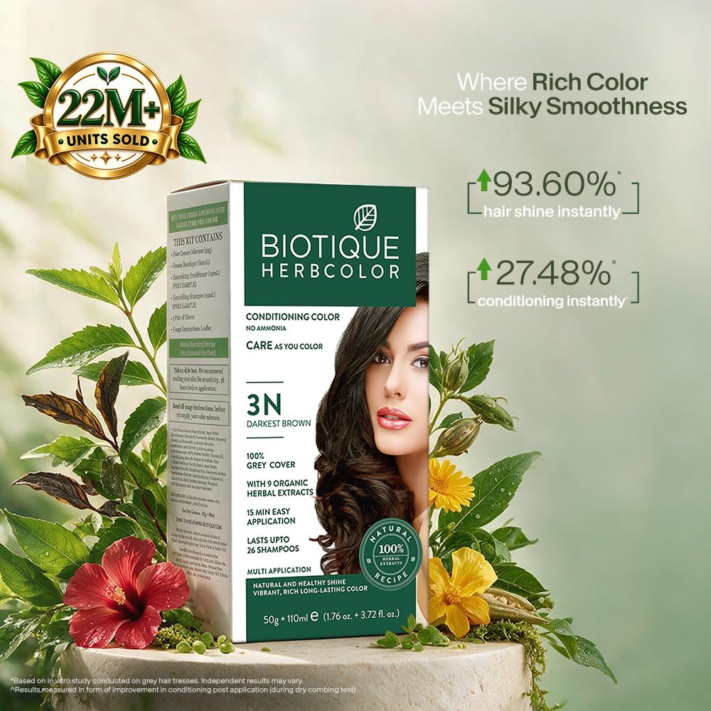 Biotique Herbcolor Conditioning Hair Colour l Ammonia Free Hair Color l 9 Organic Herbal Extracts l Natural and Healthy Shine l 50g + 110ml| Darkest Brown 3N (Pack of 1) image 2