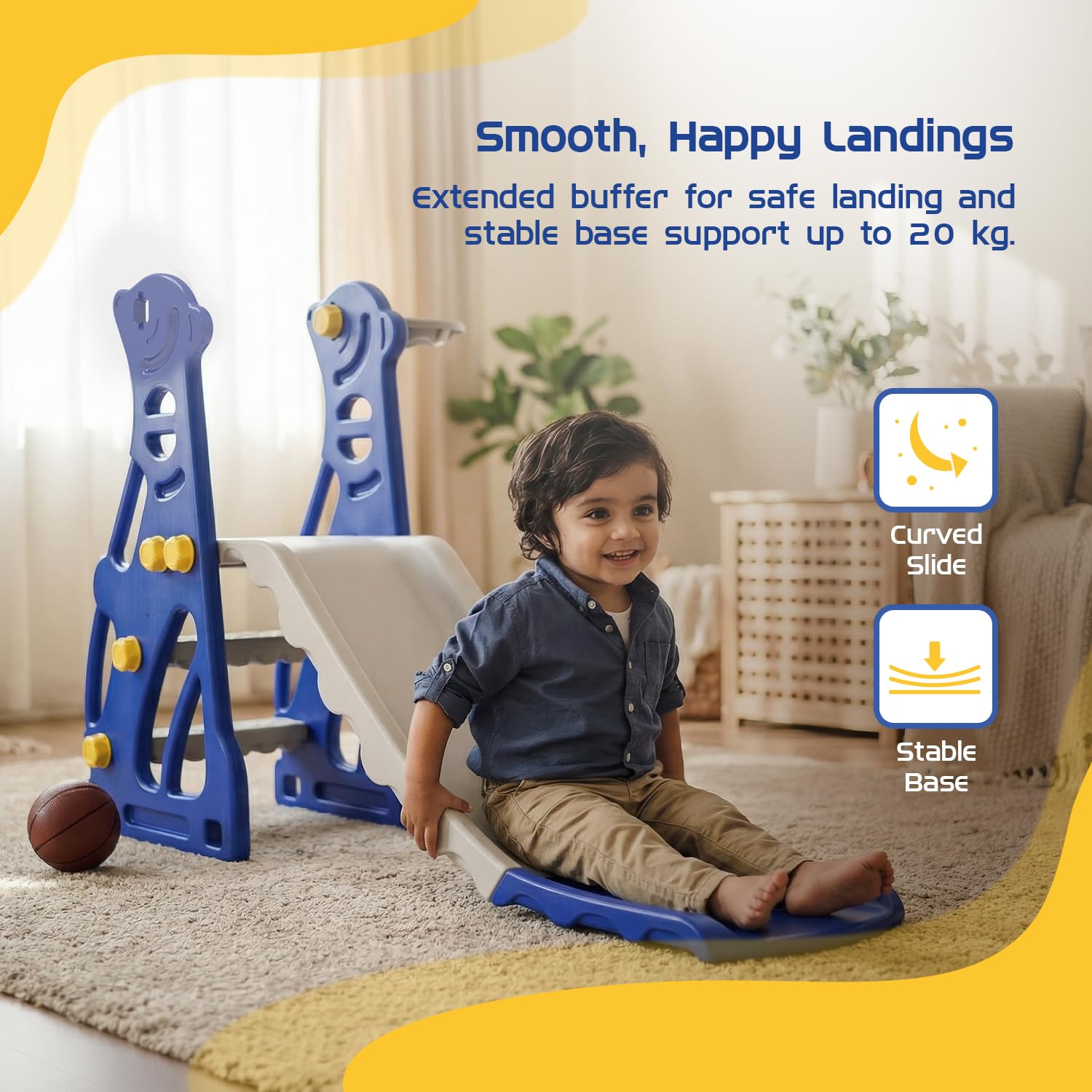 Amazon Brand – Solimo 2-in-1 Penguin Slide for Kids with Basketball Hoop with Ball| Medium | Indoor & Outdoor | Safe for Boys & Girls | Age 2-4 Years | Easy Assembly | Blue & White image 4