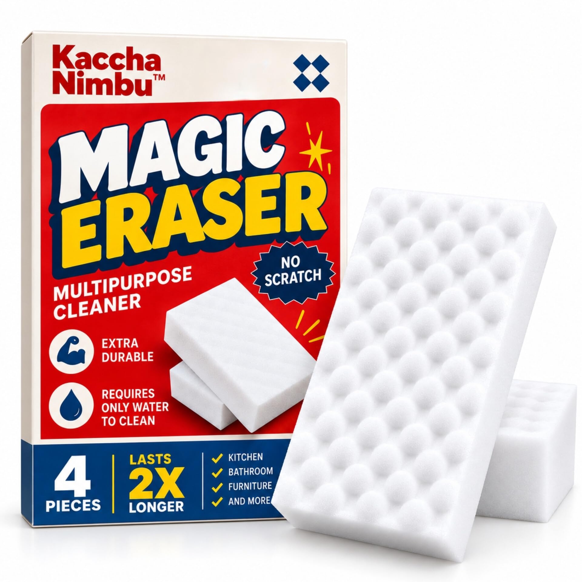 Magic Eraser Cleaning Sponge, Multi-Surface Cleaner for Wall, Kitchen, Bathroom, Shoes, Switch Boards & Floor Tiles, Melamine Foam Sponge, No-Scratch, Just Add Water (Pack of 4)