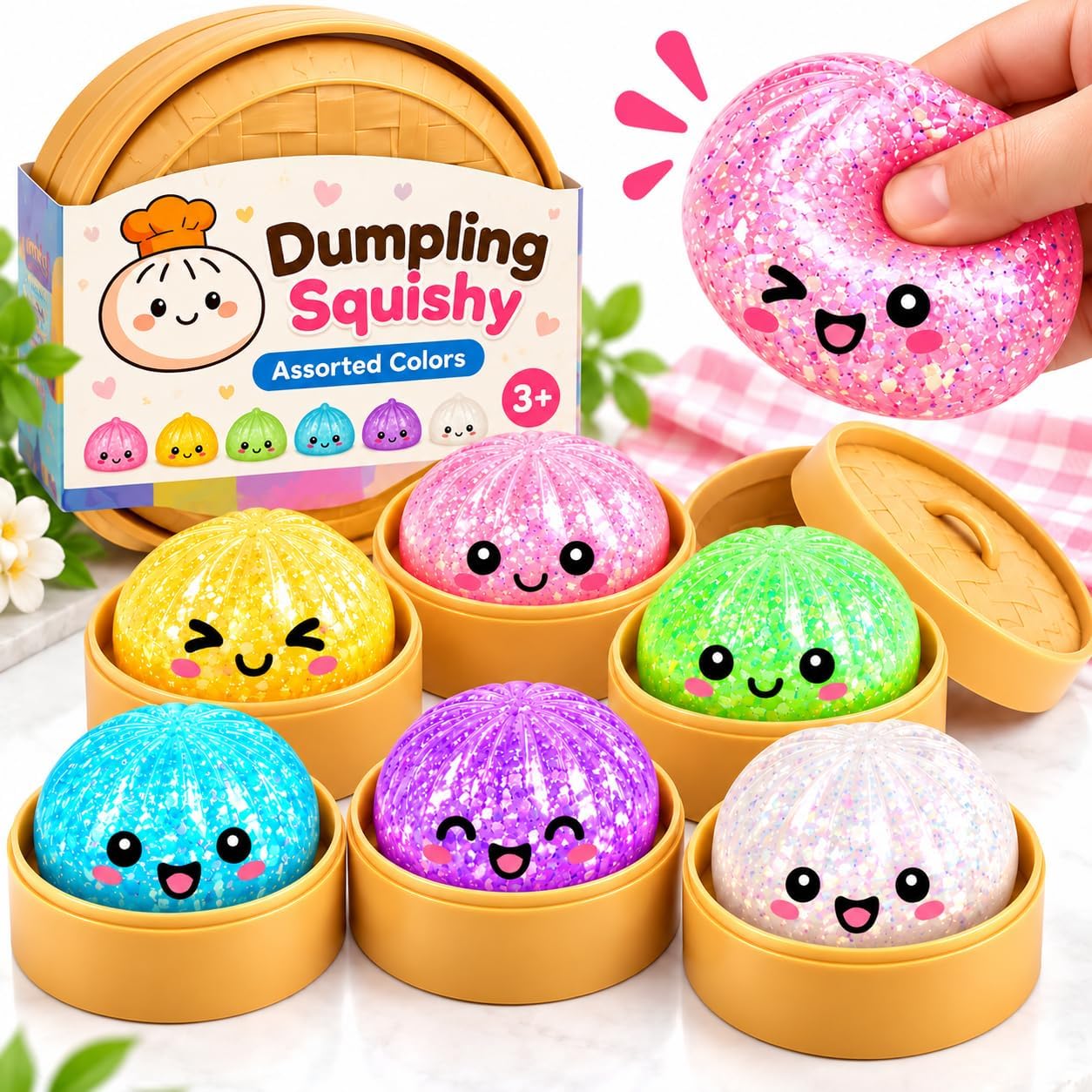 Dumpling Squishy Glitter Stress Toy with Case, Assorted Colour, Pack of 1