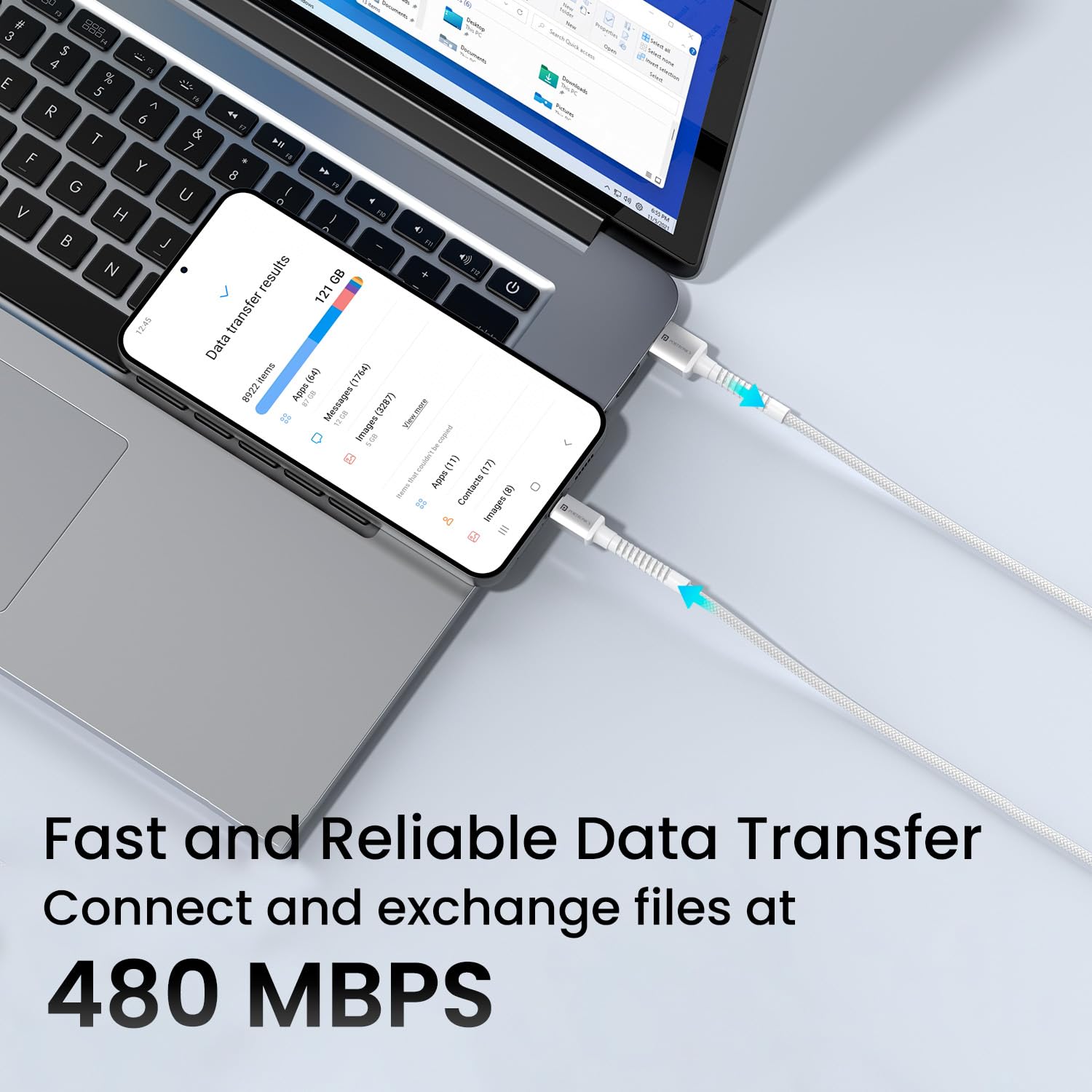 Portronics Konnect X 3A Unbreakable Nylon Braided USB to Type C Fast Charging Cable 2M Long, Supports All Type C Smartphones and Devices(White) image 3