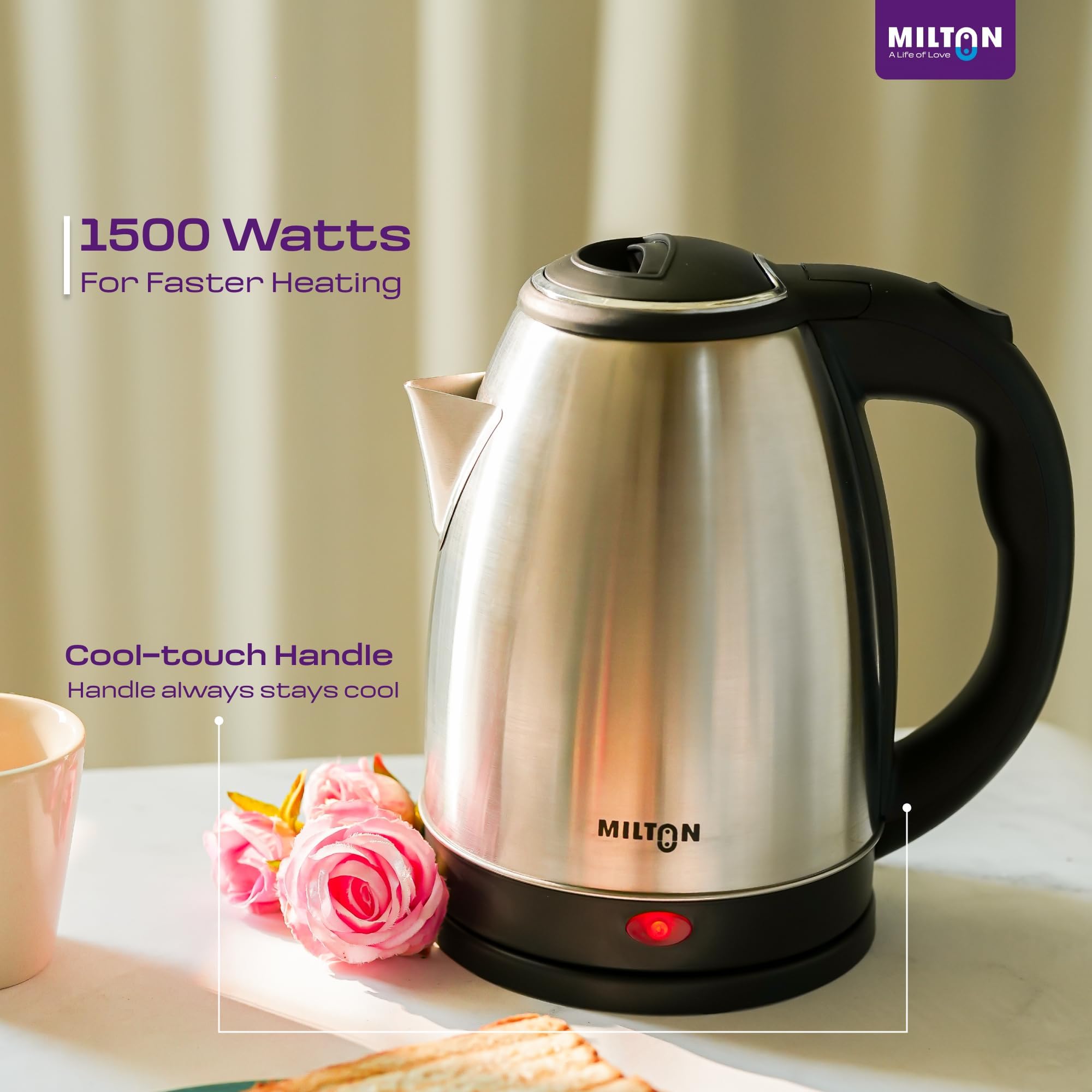Milton Rapid Electric Kettle 1.8L | 1500 Watts | Stainless Steel Hot Water portable Electric Kettle for Home, Office | Auto Shut-Off with Wide Mouth | Cool-touch Handle and Single-Touch Lid Lock image 5