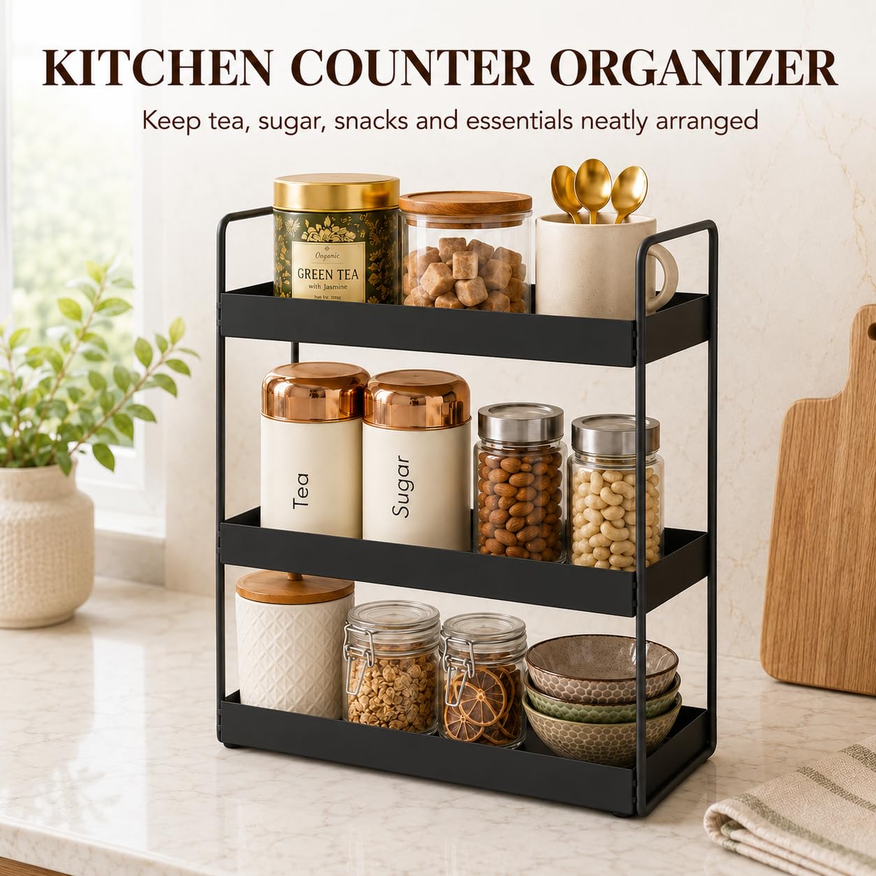 Homeor 3-Tier Metal Countertop Organizer | Heavy Duty Standing Rack for Kitchen Spice Storage & Bathroom Vanity | Multi-Purpose Shelf For Kitchen, Cosmetic & Toiletry Display Shelf, Black image 4
