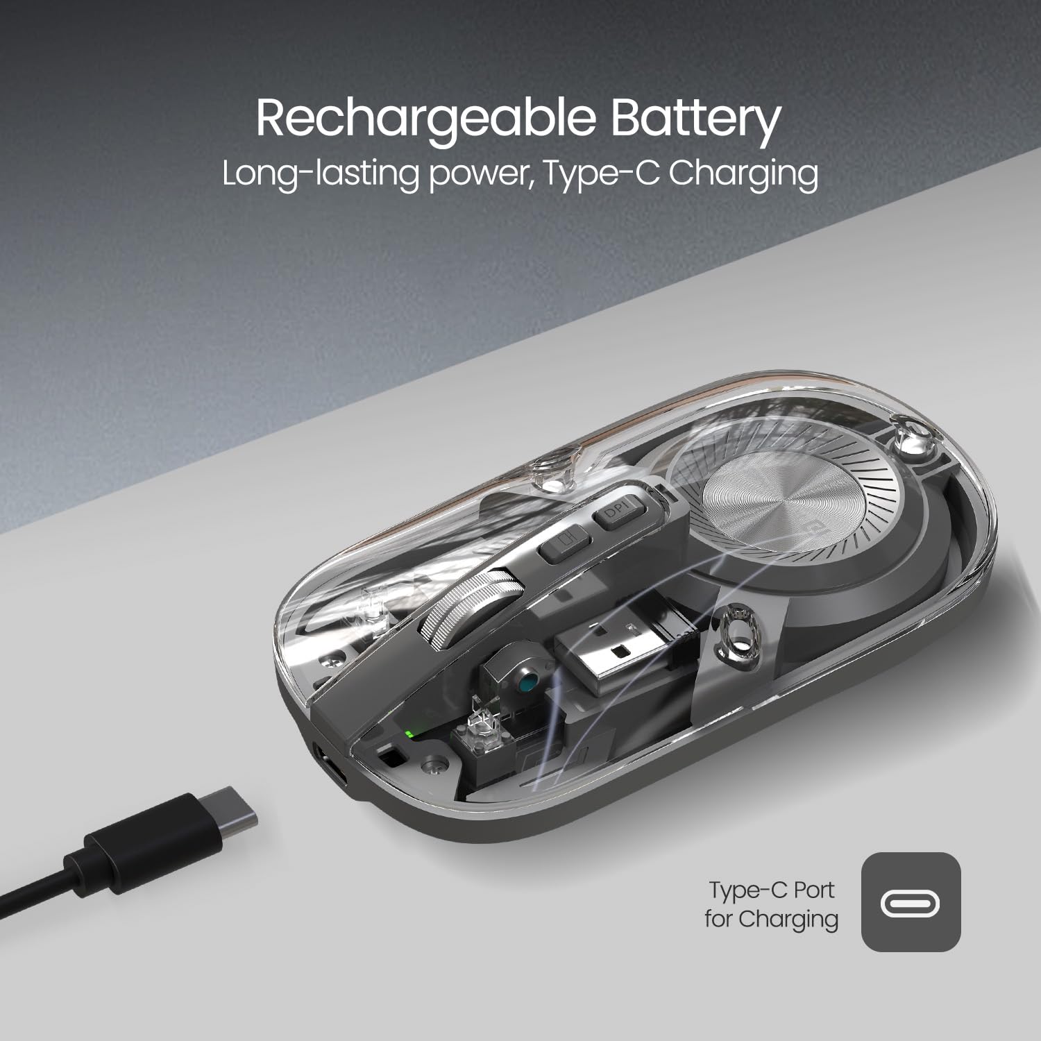 Portronics Toad 8 Transparent Wireless Bluetooth Mouse with Dual Wireless (BT + 2.4 GHz), Rechargeable Battery, Noise-Free Clicking, Show/Hide Desktop, Multi-Device Pair, Adjust Sensitivity (Grey) image 3