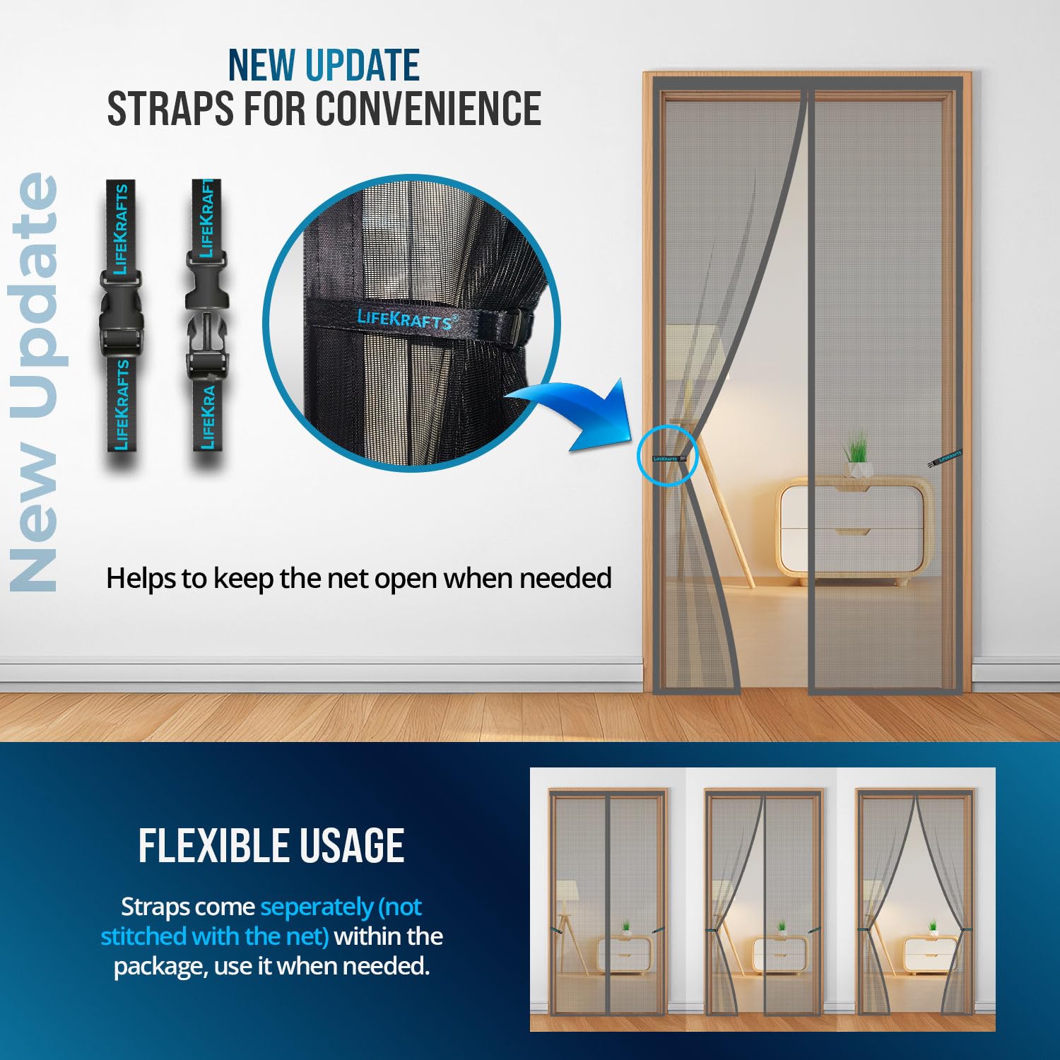 LifeKrafts Polyester Magnetic Mosquito Net/ Curtain for Door, for All Door Types & Sizes, Auto-Closing Insect Screen to Keep Mosquito Out, Grey, 200 x 100 Cm image 3