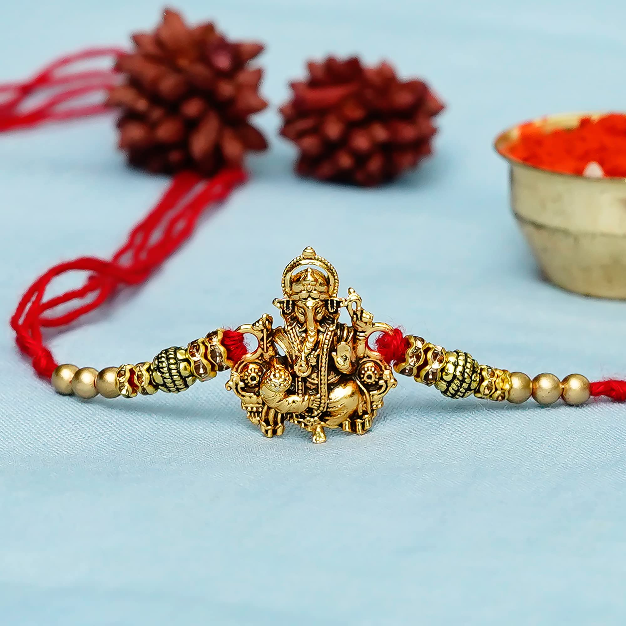 eCraftIndia Golden Religious Designer Ganesha Rakhi with Red Thread and Roli Chawal Pack and Best Bro Ever Fridge Magnet - Rakhi for Brother, Bhaiya, Bhai image 2