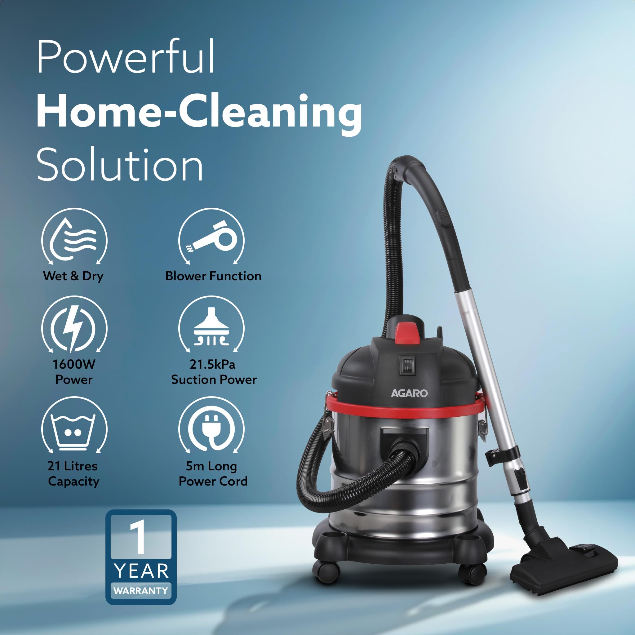 AGARO Ace Wet & Dry Vacuum Cleaner for Home, 1600 Watts, 21.5 kPa Suction Power, 21 litres Tank Capacity, for Home Use, Blower Function, Washable 3L Dust Bag, Stainless Steel Body (Black, Red, Steel) image 2