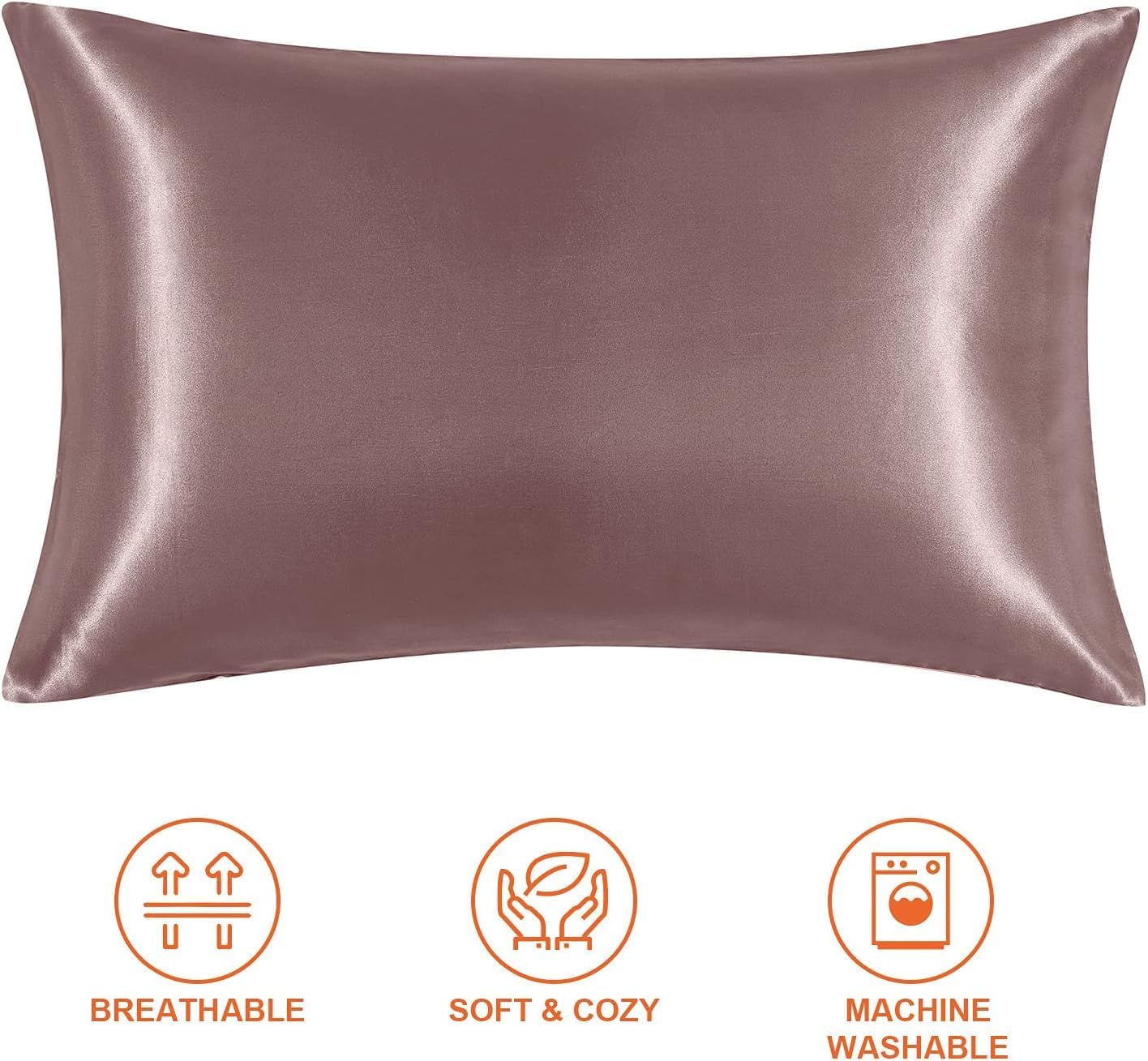 GO WELL Solid Satin Silk Pillow Covers Pack of 2 for Hair and Skin-with Satin Scrunchies |Satin Pillow coves for Hair and Skin|scrunchies for Women 3-Pieces|Silk Pillow case (RoseTaupe) 600TC image 2
