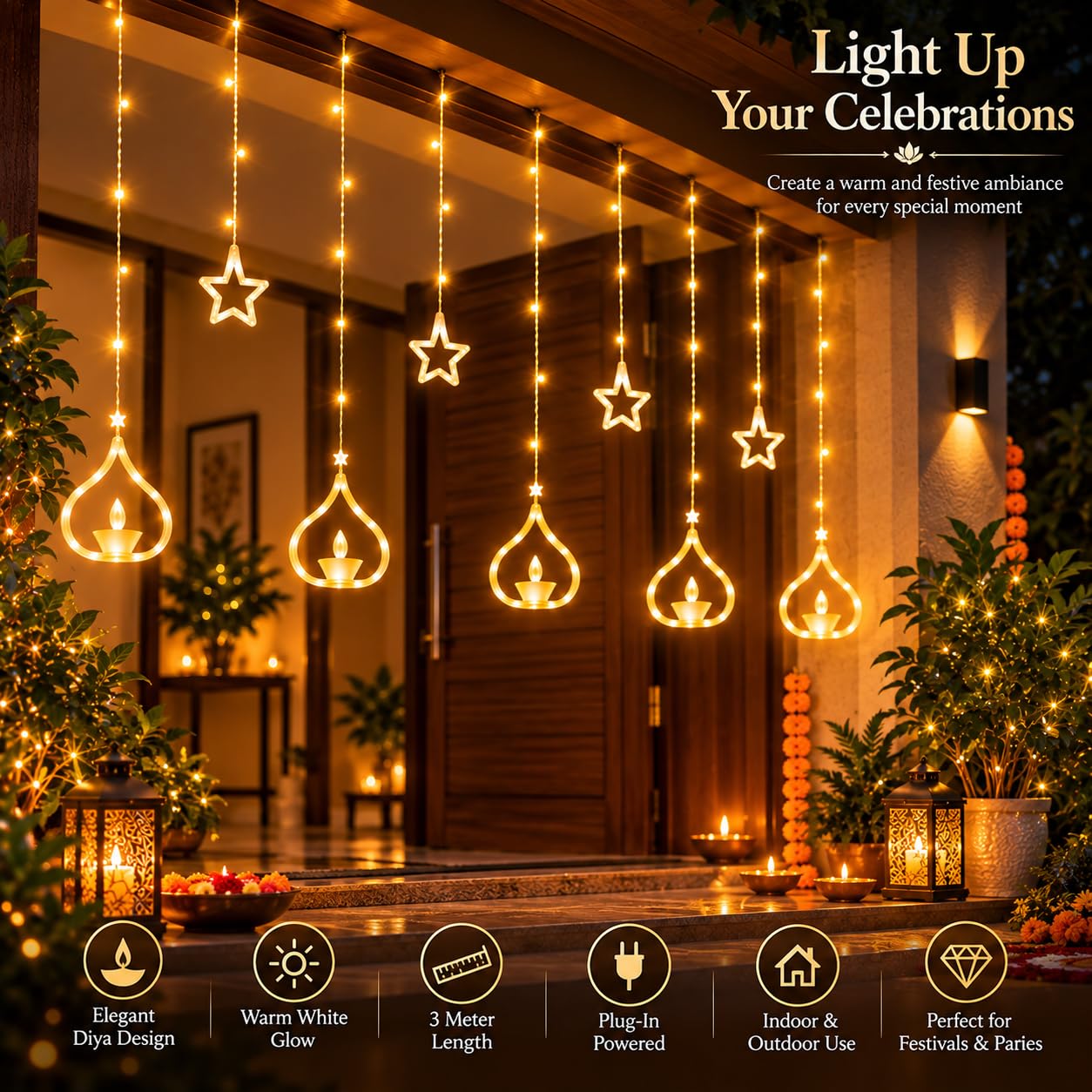 One94Store Deep Diya Curtain Decorative LED String Lights – 3 Meter Warm White Plug-in Lights with 108 LEDs, 6+6 Diya Design for Balcony, Indoor & Outdoor & Diwali Lights for Home image 4
