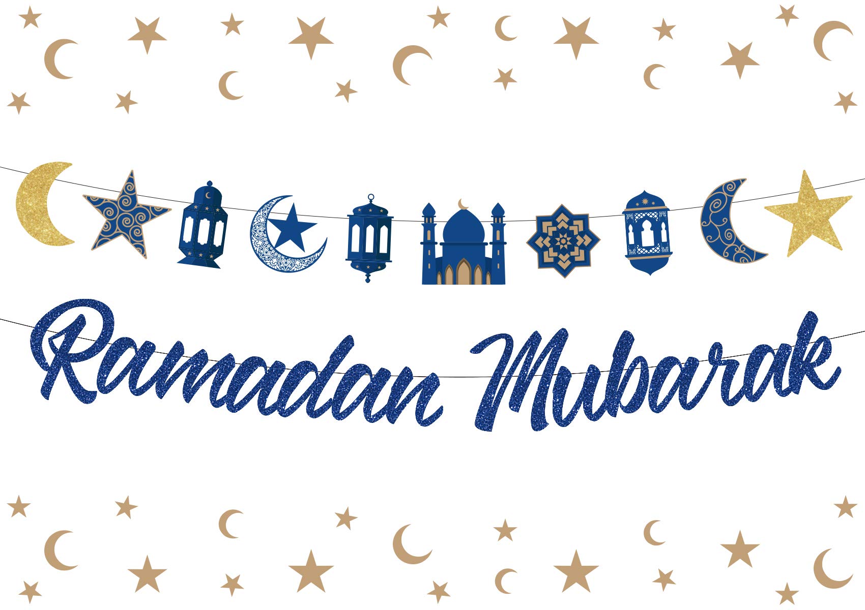 Festiko® Ramadan Mubarak Banner Decorations for Home | Gold & Blue Moon Star Bunting Garland | Eid Ramadan Islamic Hanging Party Decor | Muslim Festival Decorations (2 Pack)