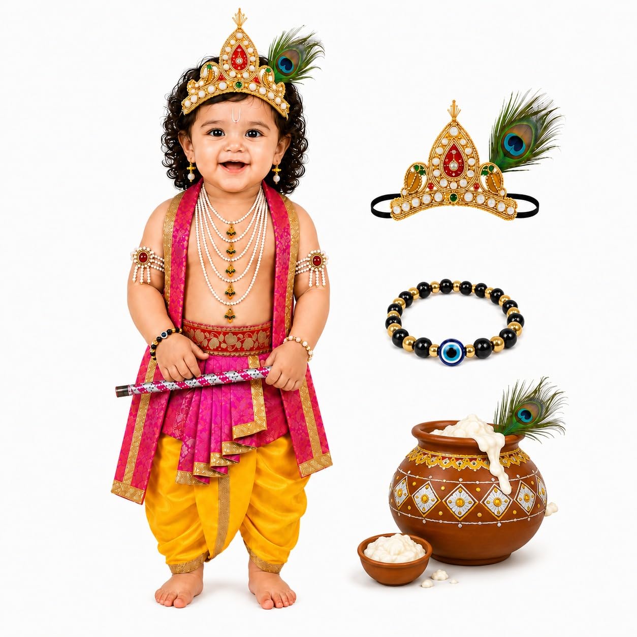 Raj Fancy Dresses Luxury Krishna Pagri for Kids Boys & Girls | Bal Gopal Kanha Janmashtami Turban with 3 Mor Pankh & Pearl Work | Fancy Dress, School Function & Photoshoot Headgear | Only Pagri