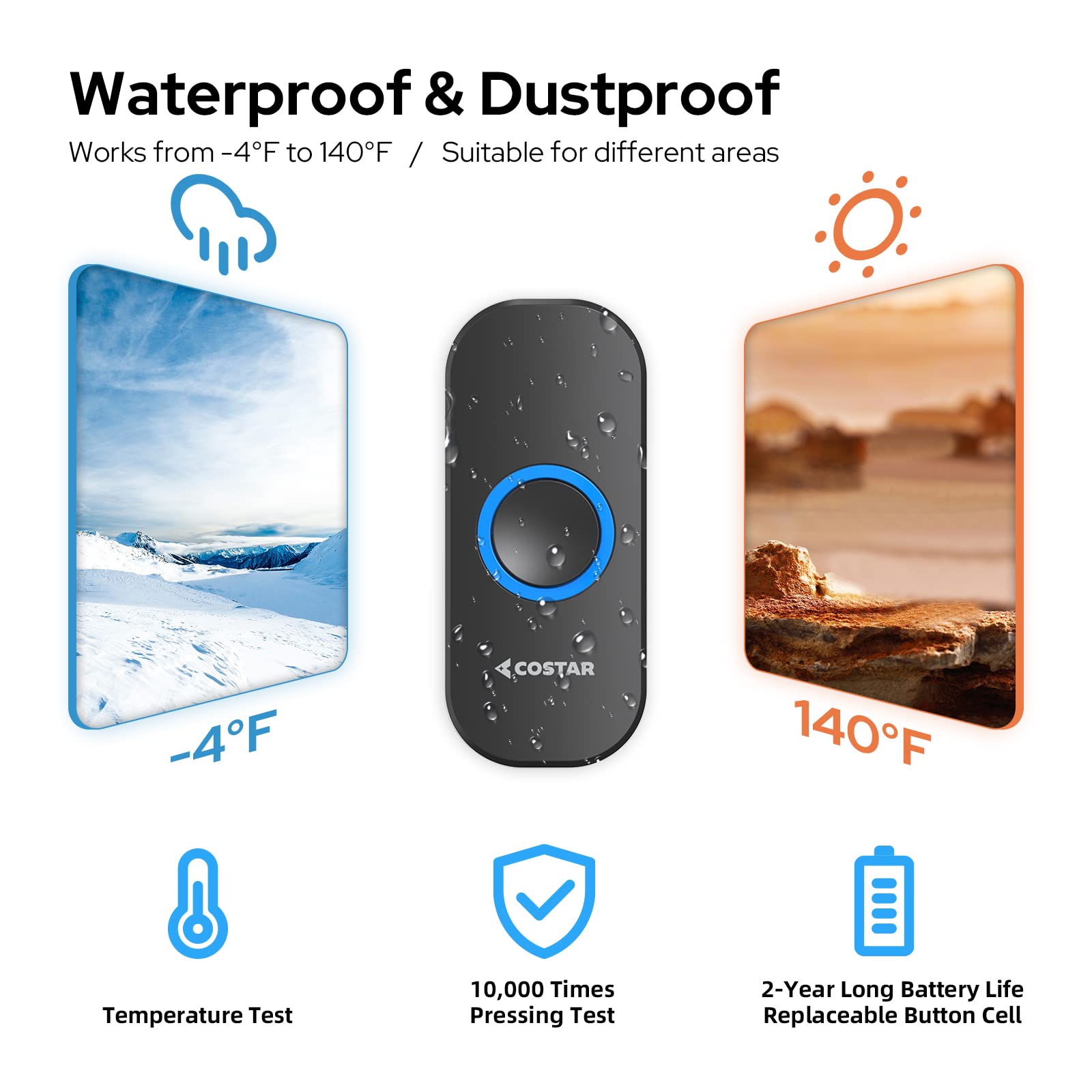 COSTAR Wireless Door Bell Kits Chime for Home Office with LED Light 300 Meter 1000 Feet Operating Range 32 Ringtones 5 Levels Volume, 1 Receiver and 1 Push Button IP44 Waterproof (Pebble T301-Black) image 2