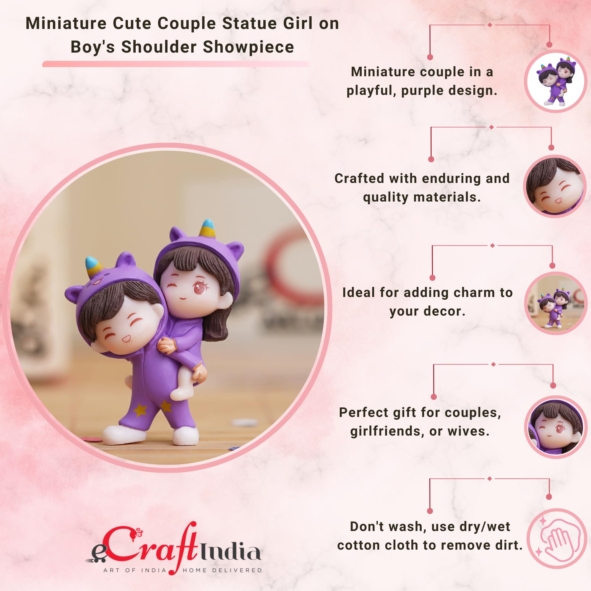 eCraftIndia Valentine Gift for Girlfriend Boyfriend Purple Resin Miniature Cute Couple Statue Girl on Boy's Shoulder Showpiece Valentine Gift for Husband Wife Her Him | Valentines Day Decoration Item image 5
