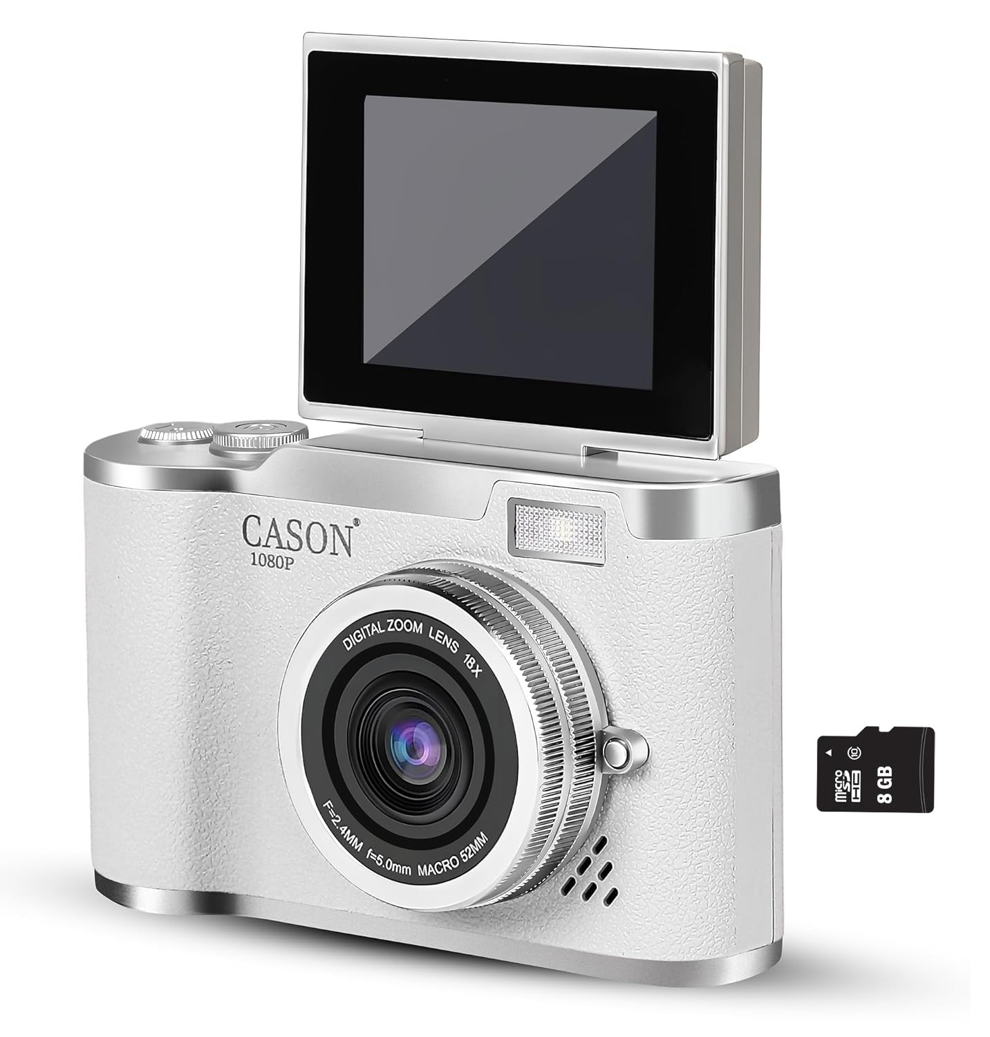 Cason 48MP Digital Camera for Kids & Adults -Real Photo & Video Mini Camera for Photography 2.4” Rotating Screen, Built in Games Kids Cameras for 5-15 Years Girls & Boys with 8 GB Sd Card -(White)