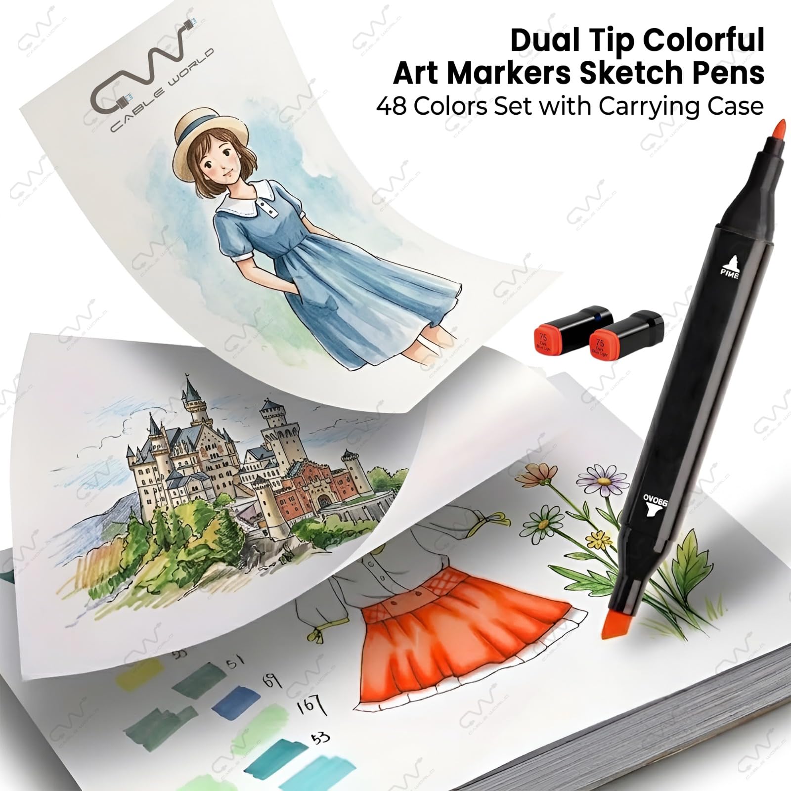 Cable World Dual Tips 48 Colors Markers Set, Art Markers for Adult Coloring Books, Artist Drawing Sketch Markers Set with Fine & Brush Tip (48 Pcs) image 2