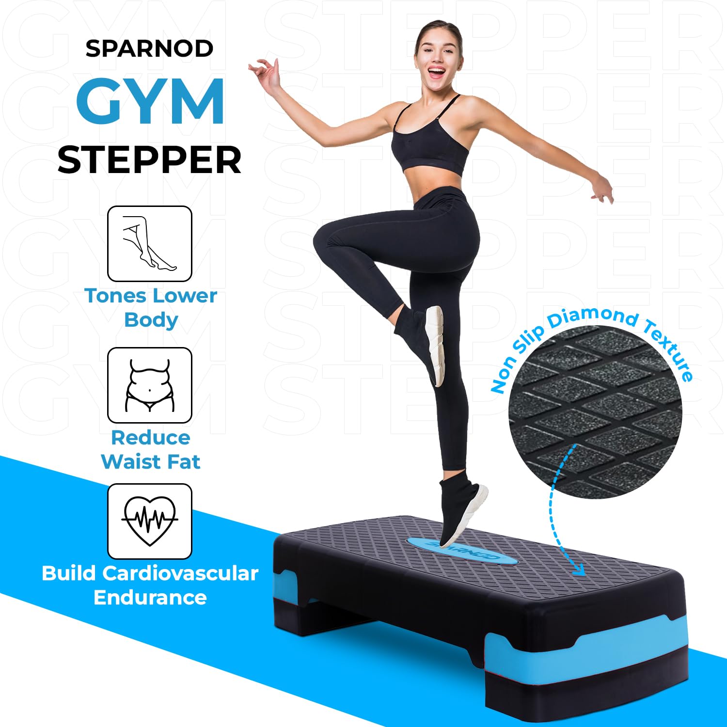 Sparnod Fitness SAS-1000 Aerobic Gym Stepper for Exercise at Home, Adjustable Height, Anti-Skid Surface, Supports up to 225 kg, Compact & Portable, Ideal for Cardio, Strength Training & Pilates (Blue) image 5