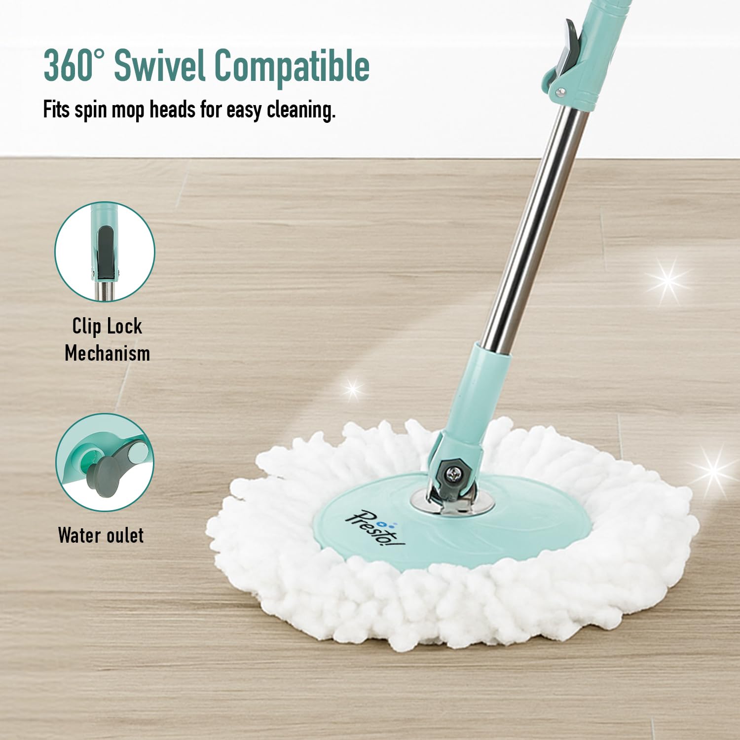 Amazon Brand – Presto! Clean Steel Spin Mop | Plastic & Stainless Steel | 2 Microfiber Refills | Big Wheels with Drag Handle | 360° Spin | Telescopic Handle | Green image 2