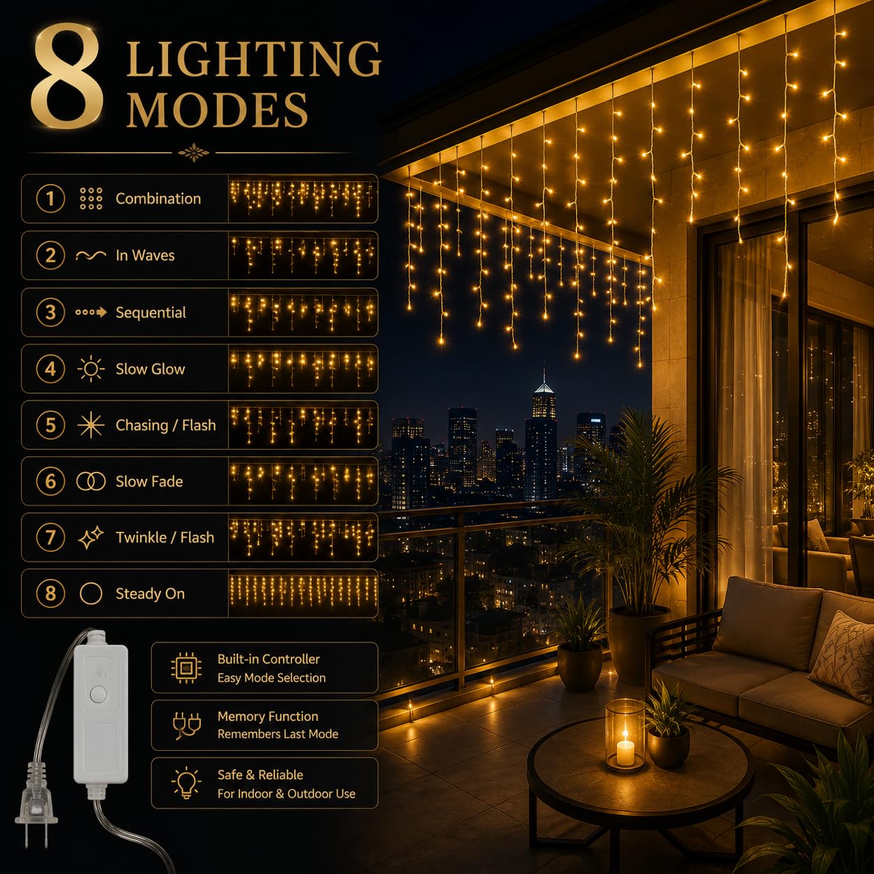 Desidiya 96 LED Warm White Icicle Curtain Lights, 10 Ft with 16 Drops image 4