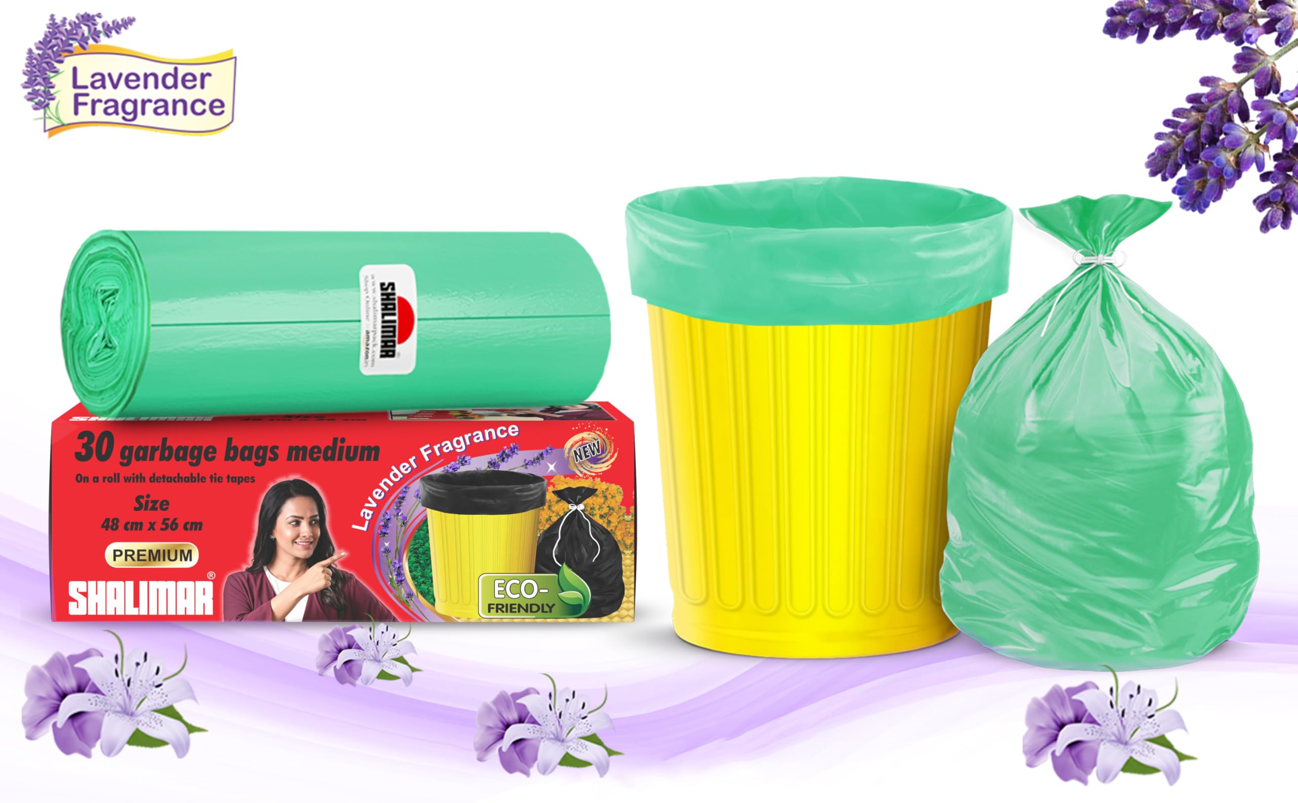 Shalimar Premium (Lavender Fragrance) Scented Garbage Bags | Medium 19 X 21 Inches | 120 Bags (30 Bags X 4 Rolls) | Dustbin Bag/Trash Bag | (Green) - Perforated Box for Easy Dispensing image 4