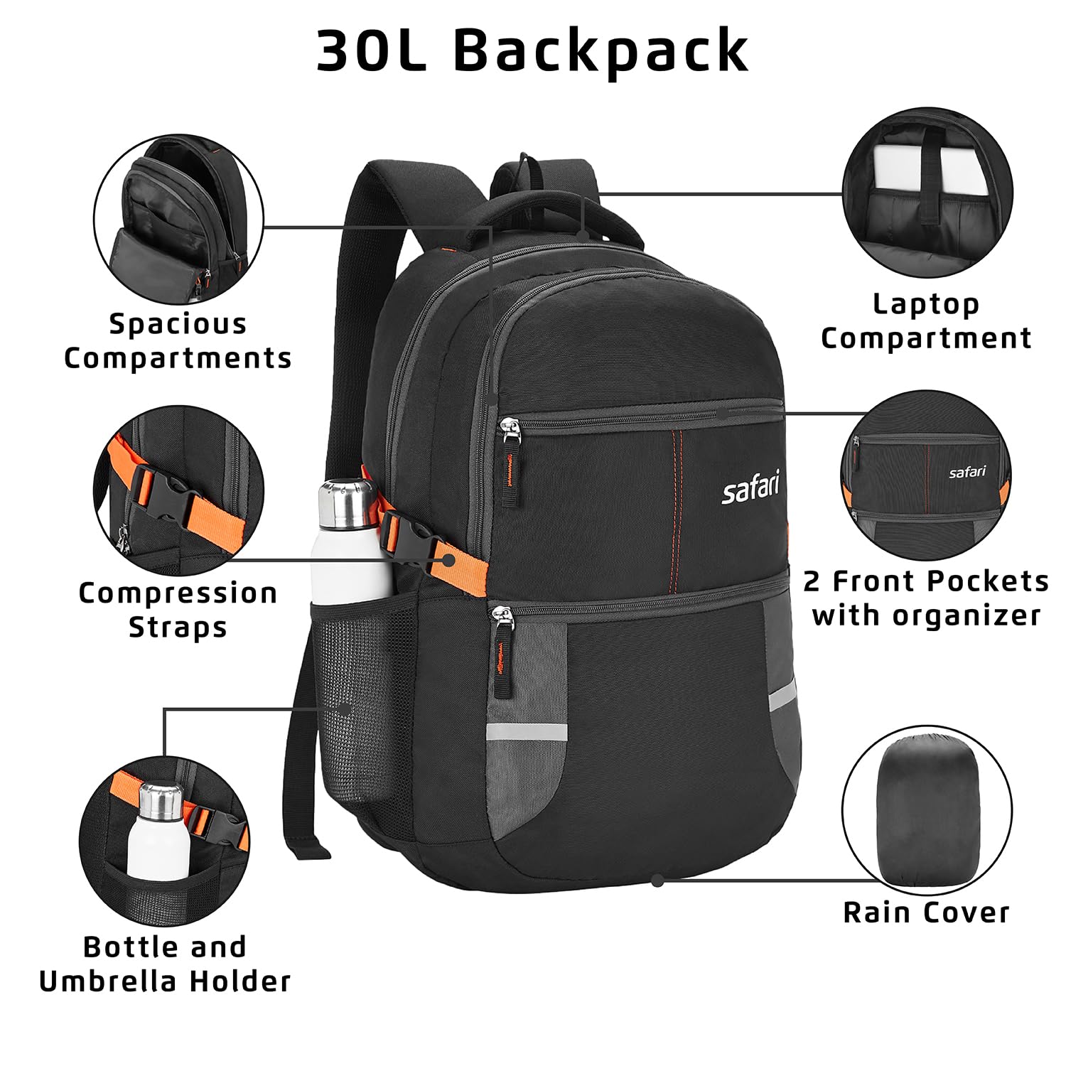 Safari Omega spacious/large laptop backpack with Raincover, college bag, travel bag for men and women, Black, 30 Litre image 4