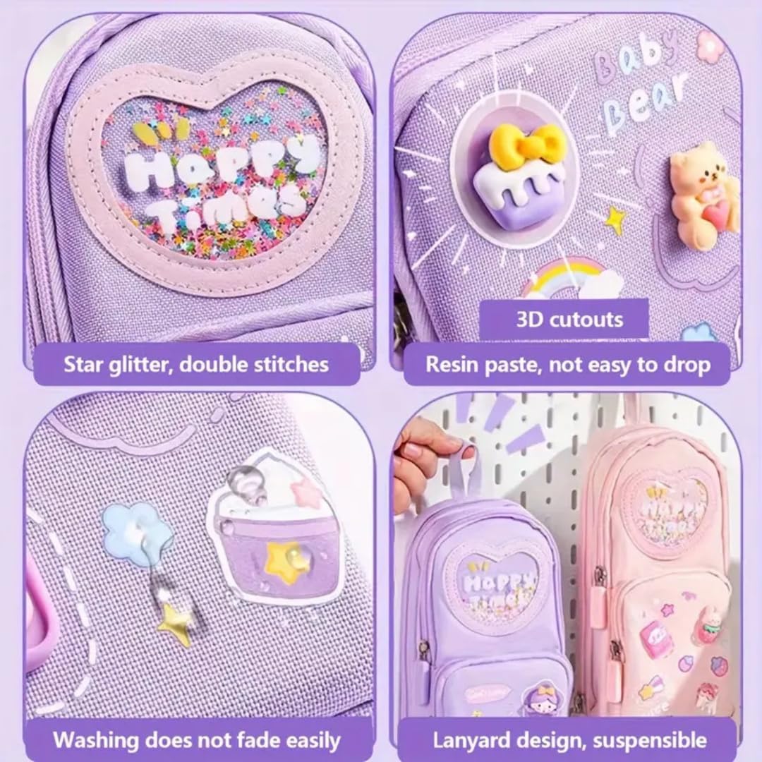 Supreme Deals Canvas Premium Pencil Case, 6 Layer, 3 Compartments, Large Capacity, Cute Aesthetic Design For Girls, Multifunctional Pouch For School Kids, purple image 5