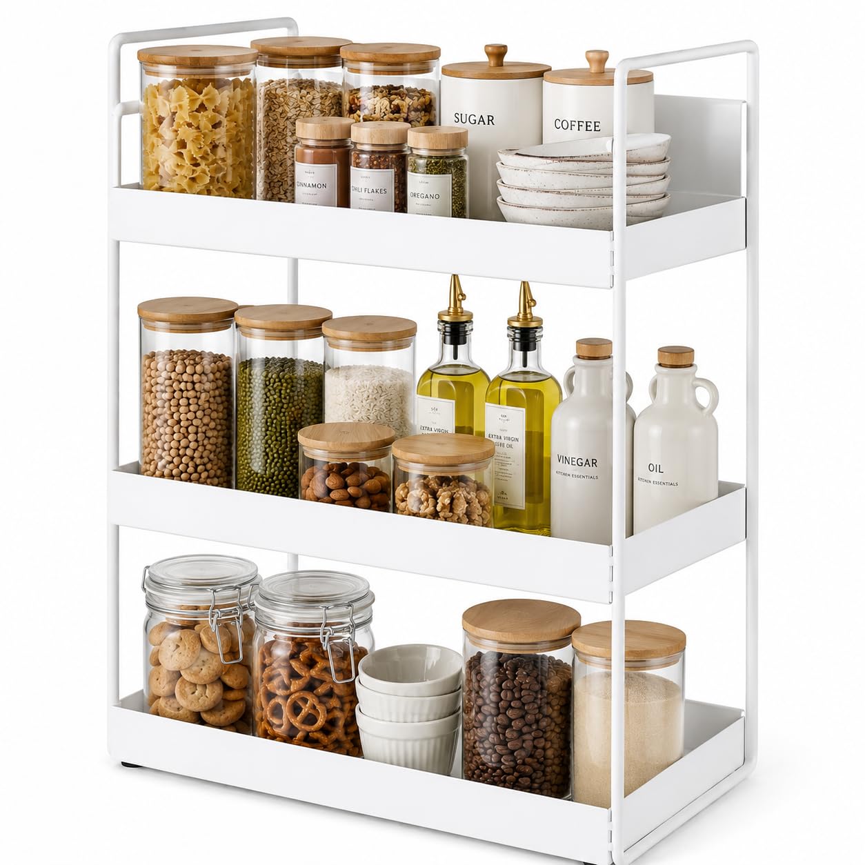 Homeor 3-Tier Metal Countertop Organizer | Heavy Duty Standing Rack for Kitchen Spice Storage & Bathroom Vanity | Multi-Purpose Shelf For Kitchen, Cosmetic & Toiletry Display Shelf, White
