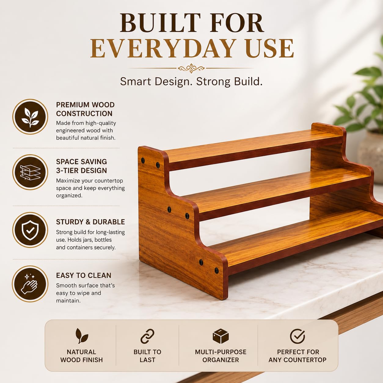 3 Tier Wooden Spice Rack for Kitchen Countertop, Masala Organizer Stand for Spices, Jars, Sauces & Bottles, Space Saving Storage Shelf, 14 x 9 x 6 Inches image 5