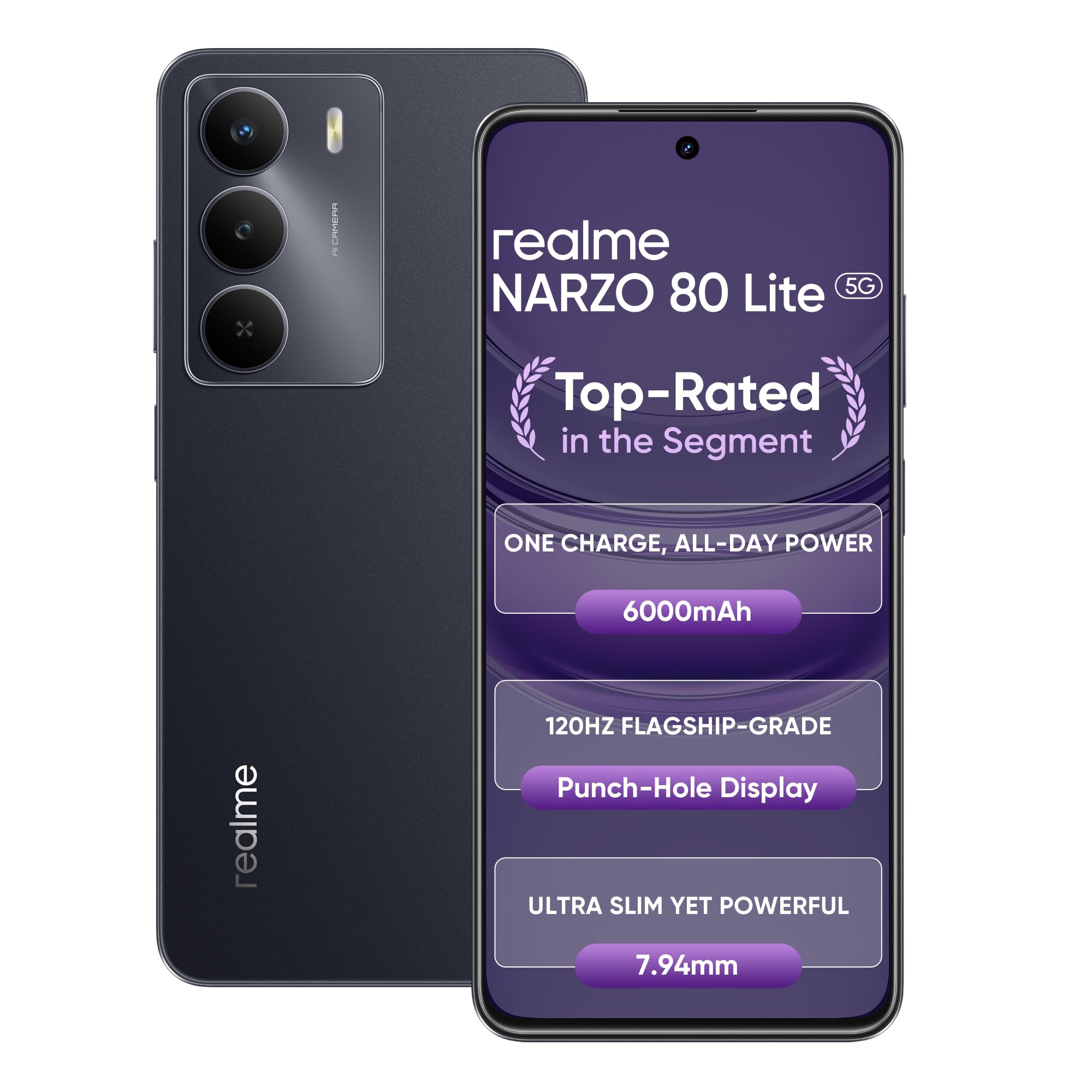 realme NARZO 80 Lite 5G (Onyx Black, 4GB+128GB) | 6000mAh Long-Lasting Battery | MediaTek Dimensity 6300 5G | AI Assist | IP64 Rated Water & Dust Resistance | Military-Grade Durability