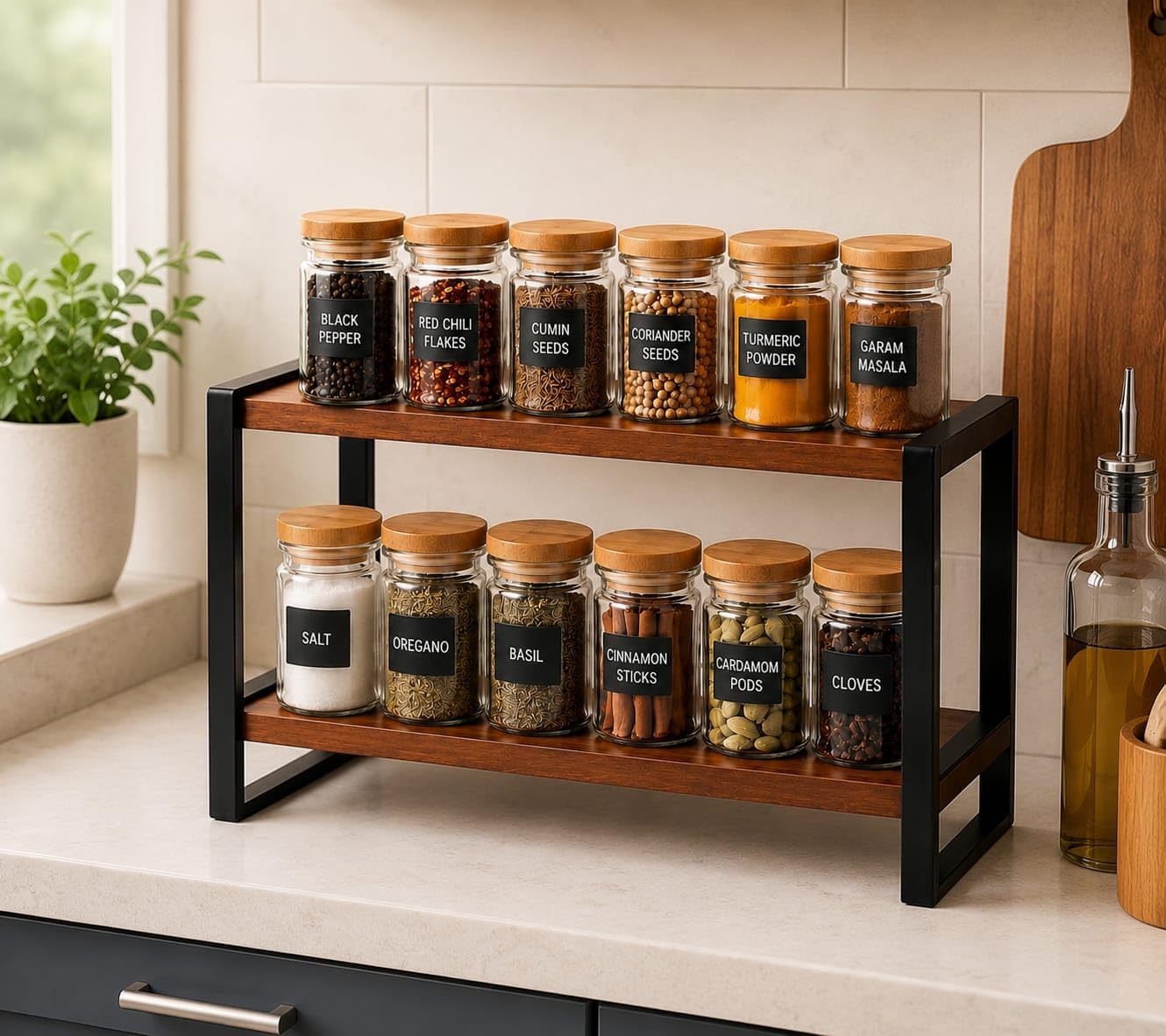 2-Tier Countertop Spice Rack, 34x15x28 cm, Wood and Metal image 5