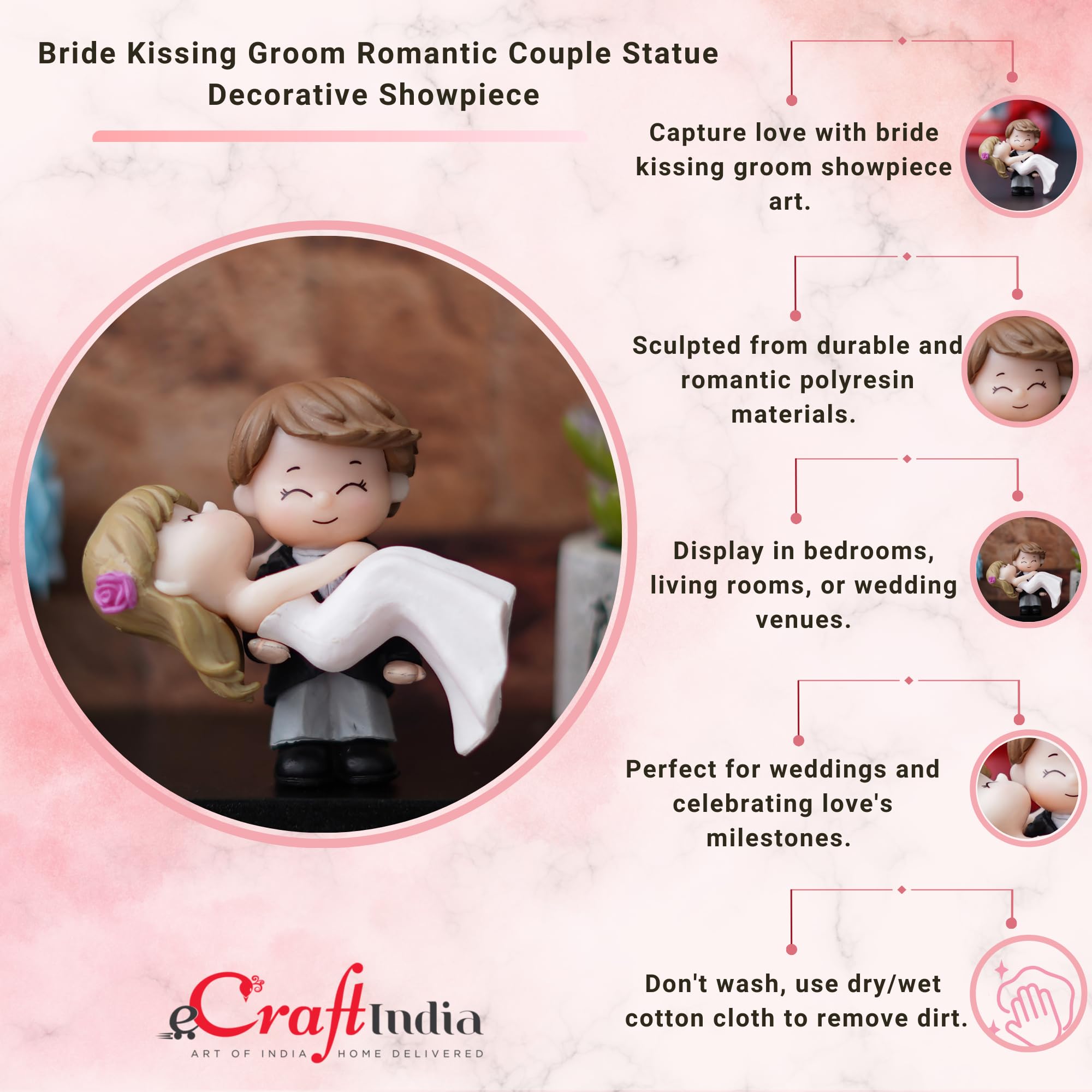 eCraftIndia Plastic Bride Kissing Groom Romantic Couple Statue Decorative Showpiece Valentine Gift for Girlfriend Boyfriend Husband Wife Her Him | Valentines Day Gift | Valentine Day Decoration Items image 5