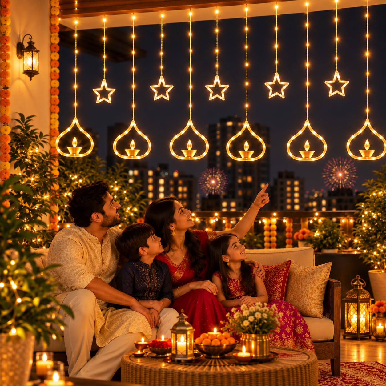 One94Store Deep Diya Curtain Decorative LED String Lights – 3 Meter Warm White Plug-in Lights with 108 LEDs, 6+6 Diya Design for Balcony, Indoor & Outdoor & Diwali Lights for Home image 2