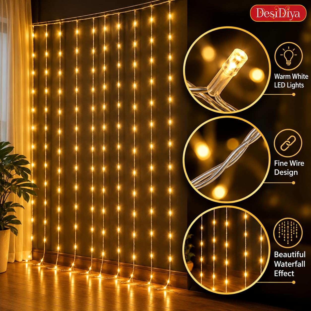 Desidiya 200 LED Waterfall Curtain String Lights 3x2m Warm White image 2