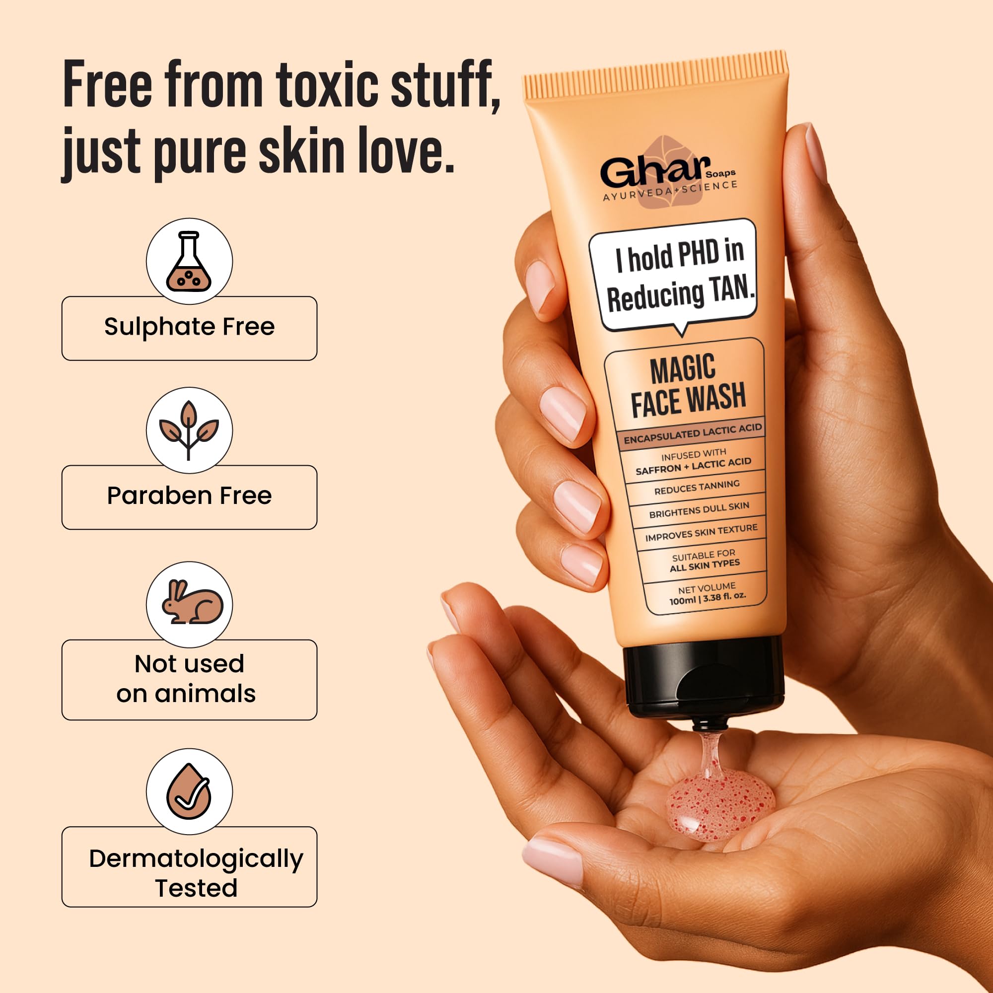 Ghar Soaps De-Tan Face Wash | For Tan Reducing, Brightening & Glowing Skin | With Sandalwood, Saffron, Coconut Oil & Goat milk | For All Skin Types | 100ml (Pack of 1) image 4