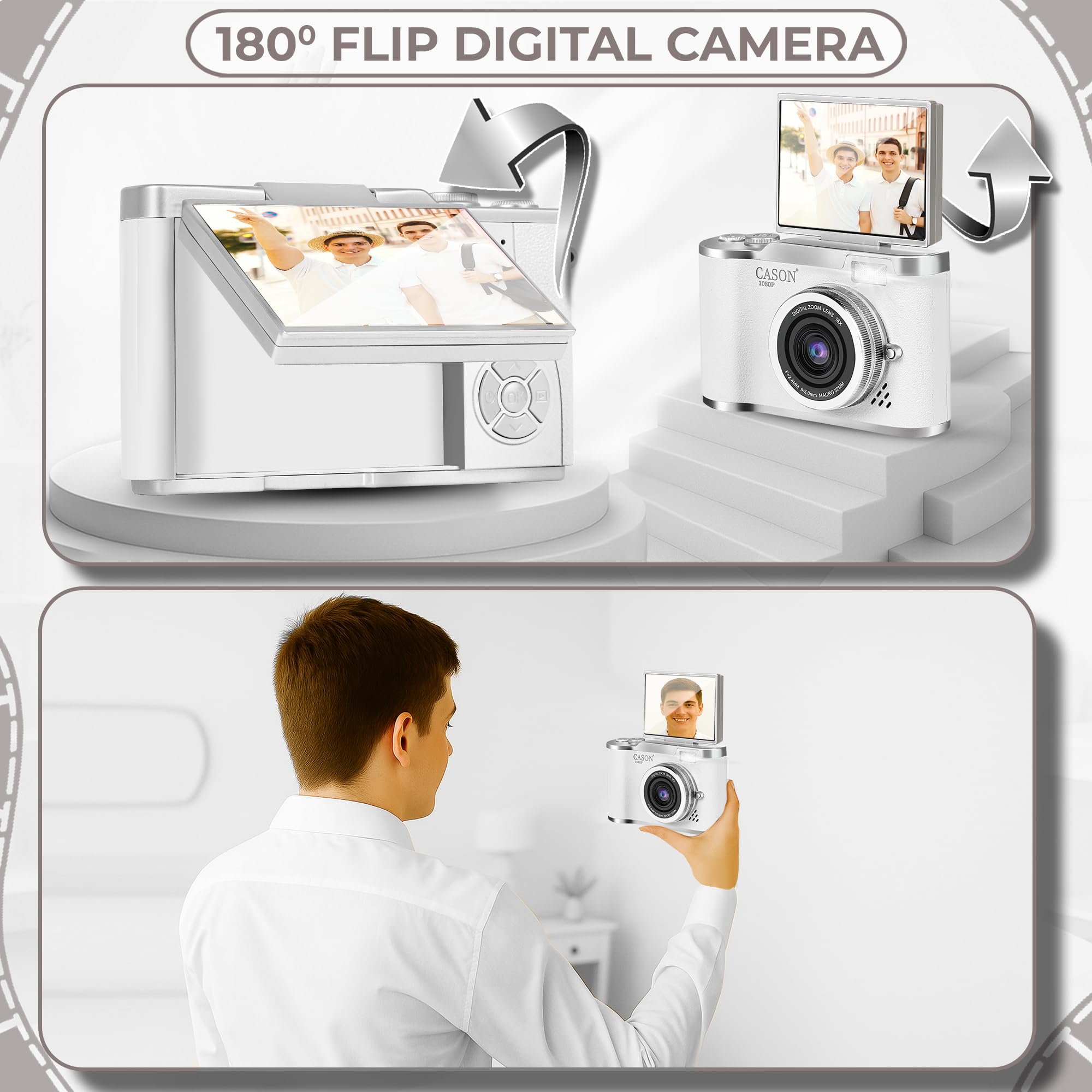 Cason 48MP Digital Camera for Kids & Adults -Real Photo & Video Mini Camera for Photography 2.4” Rotating Screen, Built in Games Kids Cameras for 5-15 Years Girls & Boys with 8 GB Sd Card -(White) image 4