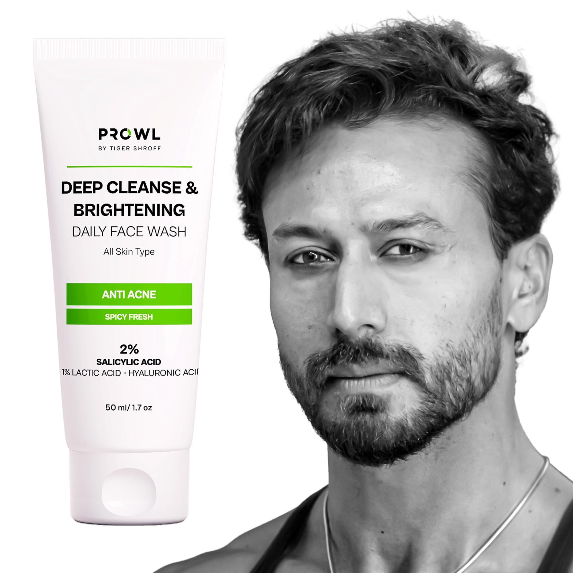 PROWL by Tiger Shroff Facewash - 2% Salicylic, 1% Lactic & Hyaluronic Acid | Anti Acne Face Wash For Dry Combination Oily & Acne Prone Man Skin Care | Exfoliating Brightening Cleanser For Men | 50ml image 2
