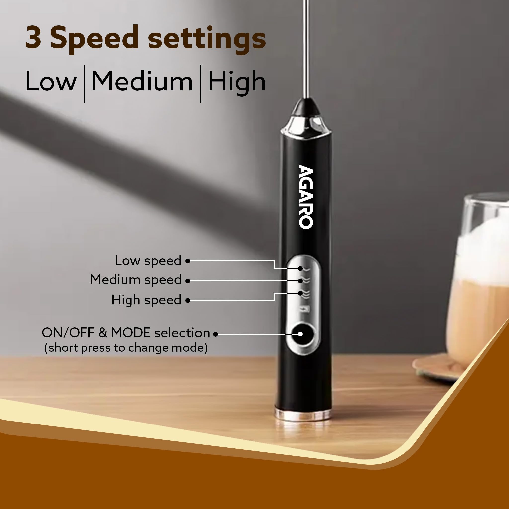 AGARO Royal Milk, 3‑Speed Electric for Coffee with Whisk and, Mixer, Stand‑up Design, for Cream (Whisk Milk), Rechargeable, Stainless Steel image 5