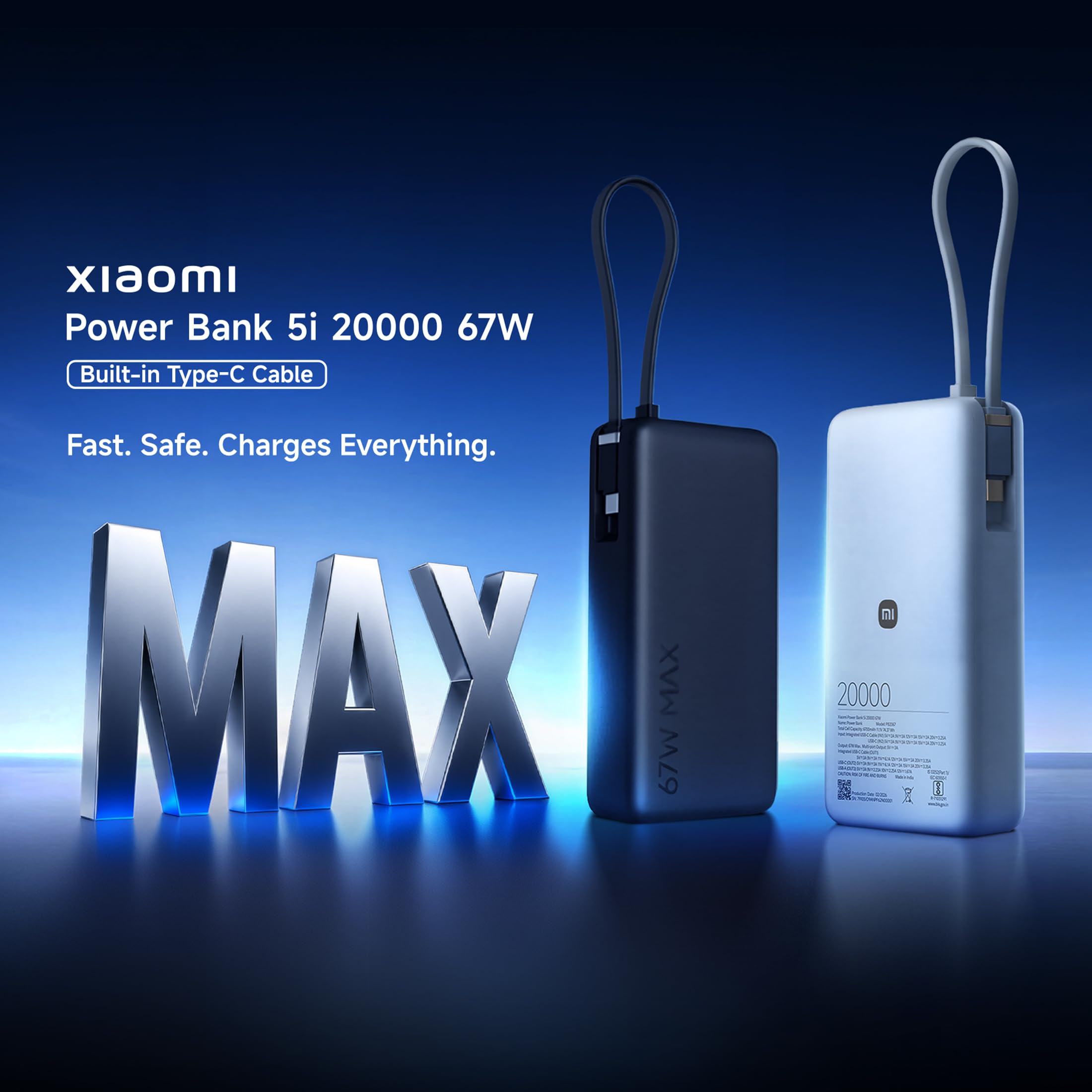 Xiaomi Power Bank 5i 20000mAh 67W Turbo Charging PD 3.0 & PPS|in-Built Cable|12 Layer Protection|Digital Display|Triple Output Ports|Supports Laptop, Tablet, Phone, Earbud (Jet Black)- 2026 New Launch image 2