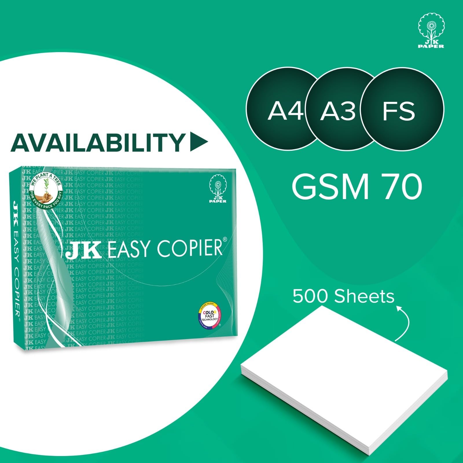 JK Easy Copier Paper | A4 Size | 70 GSM | 500 Sheets | White Paper, 1 Ream | For Laserjet & Inkjet Printer | Fast Drying | Both Side Print | Eco Friendly | ColorLok (Pack of 1) | One Ream image 2