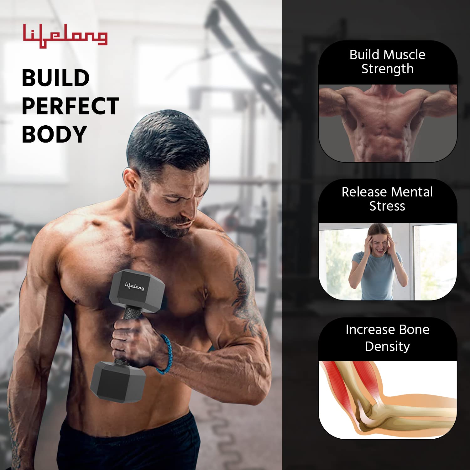 Lifelong PVC Hex Dumbbells Pack of 2 (5kg*2) Black Color for Home Gym Equipment Fitness Barbell|Gym Exercise|Home Workout, Gym Dumbbells|Dumbbells Weights for Men & Women (6 Months Warranty) image 3