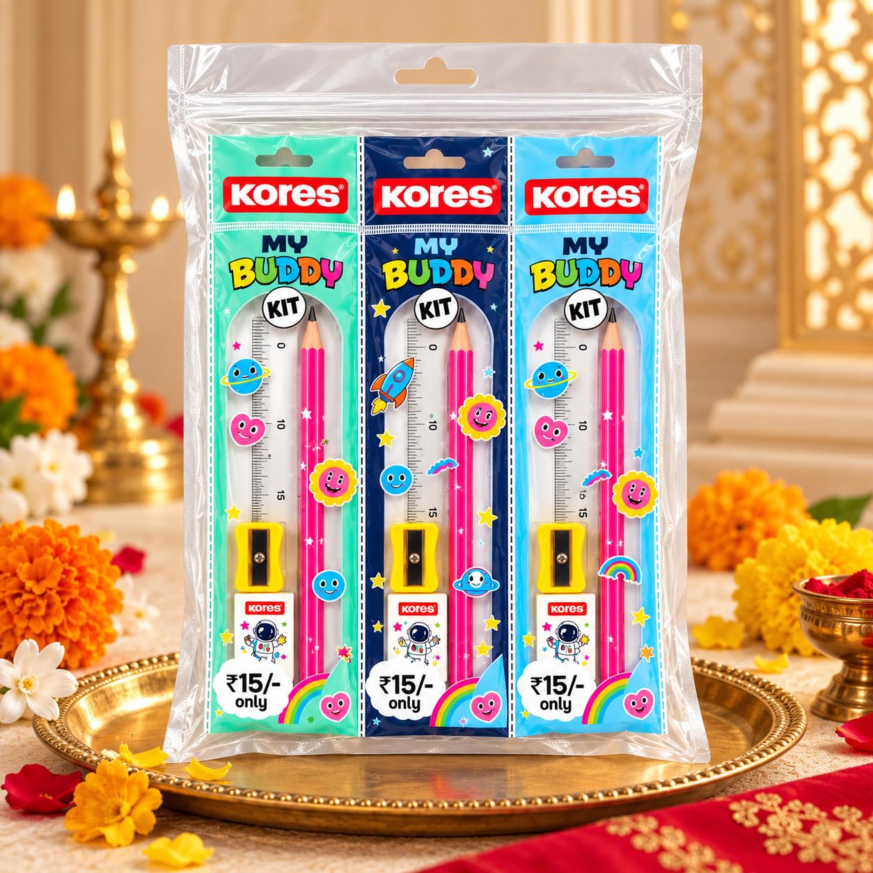 Kores My Buddy Kit Stationery Set, Pack of 10 | Pencil, Scale, Sharpener & Eraser | Kanjak Gift for Kanya Pujan & Navratri | Kids Return Gift image 5
