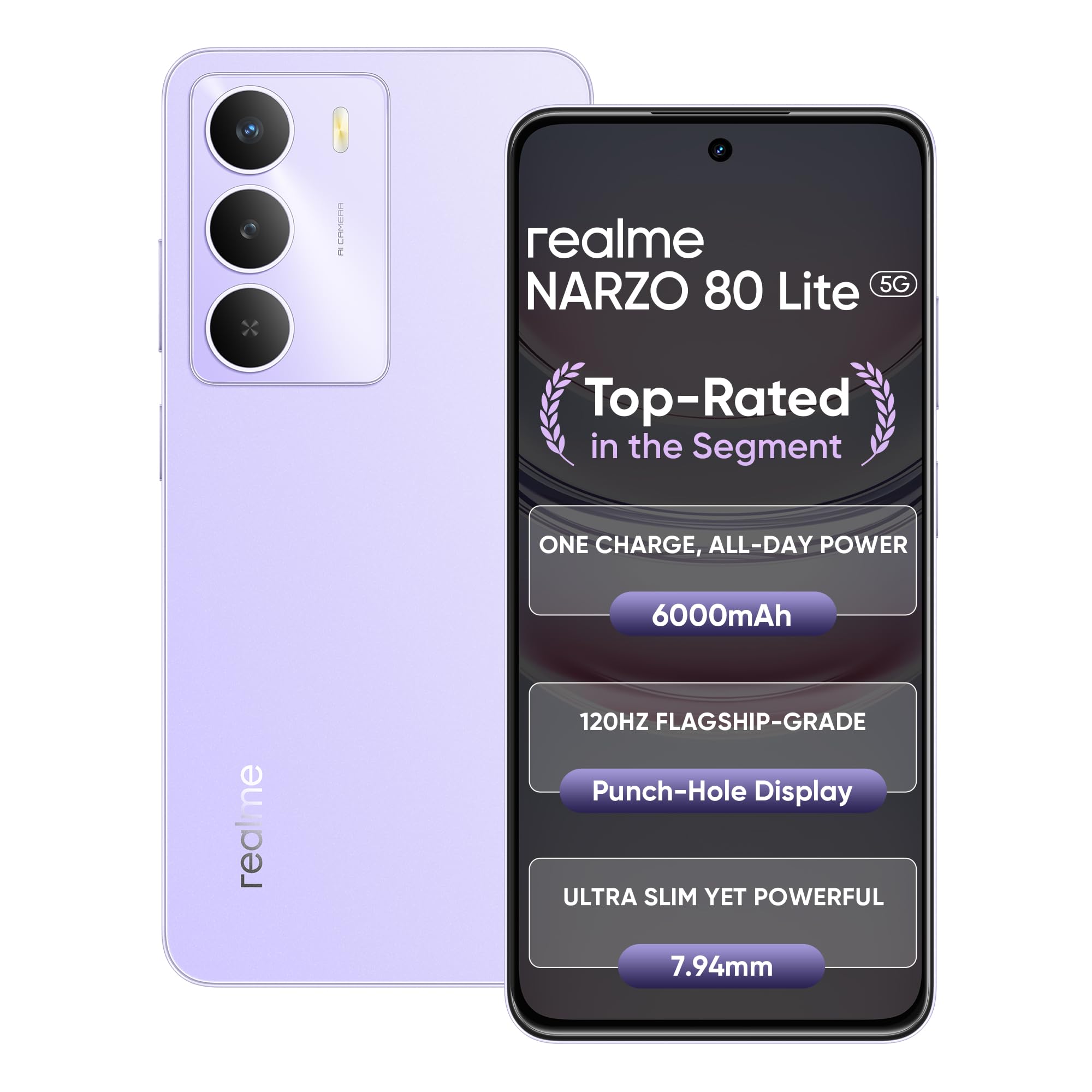 realme NARZO 80 Lite 5G (Crystal Purple, 4GB+128GB) | 6000mAh Long-Lasting Battery | MediaTek Dimensity 6300 5G | AI Assist | IP64 Rated Water & Dust Resistance | Military-Grade Durability
