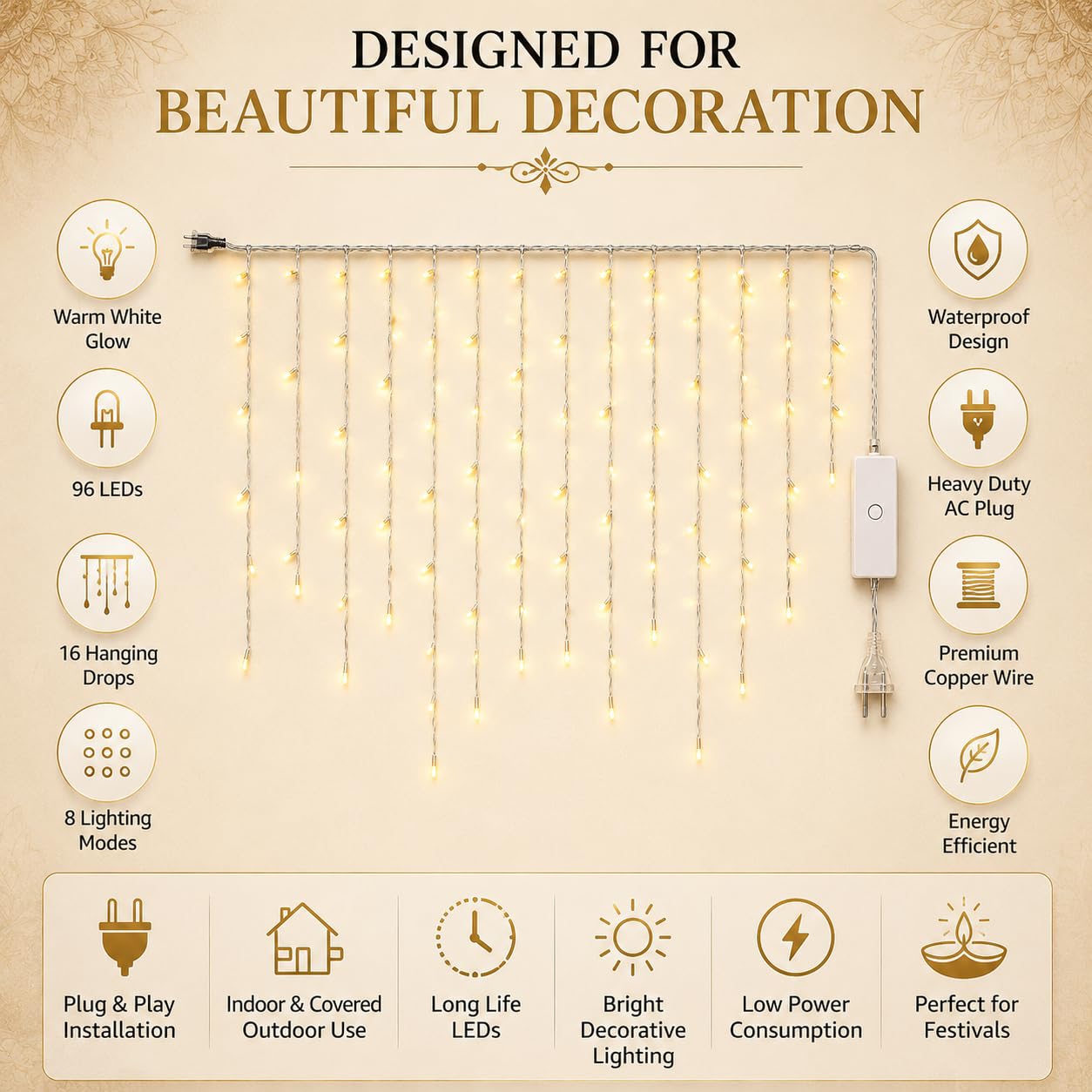 Desidiya 96 LED Warm White Icicle Curtain Lights, 10 Ft with 16 Drops image 5
