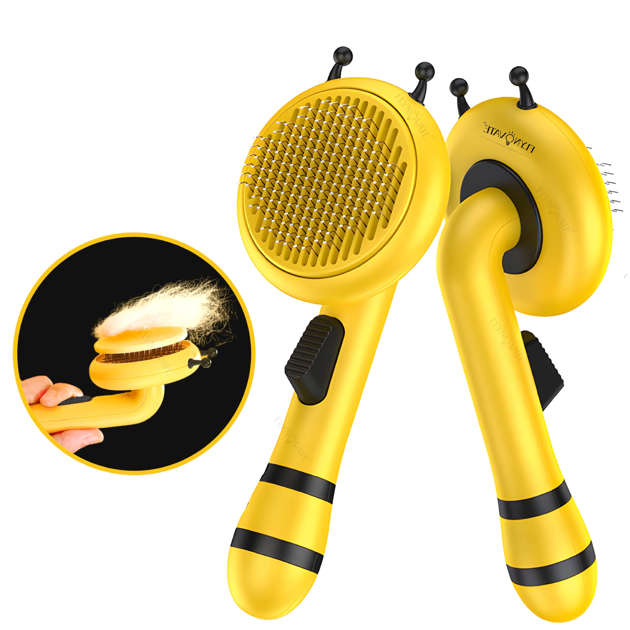 Flynovate Honey Bee Dog Comb & Cat Comb - Pet Hair Remover Grooming Brush with Switch & PAIN - FREE Slickers | Dog Brush/Cat Brush for all Dogs & Cats to Gently Massage the Pets for Long & Short Fur