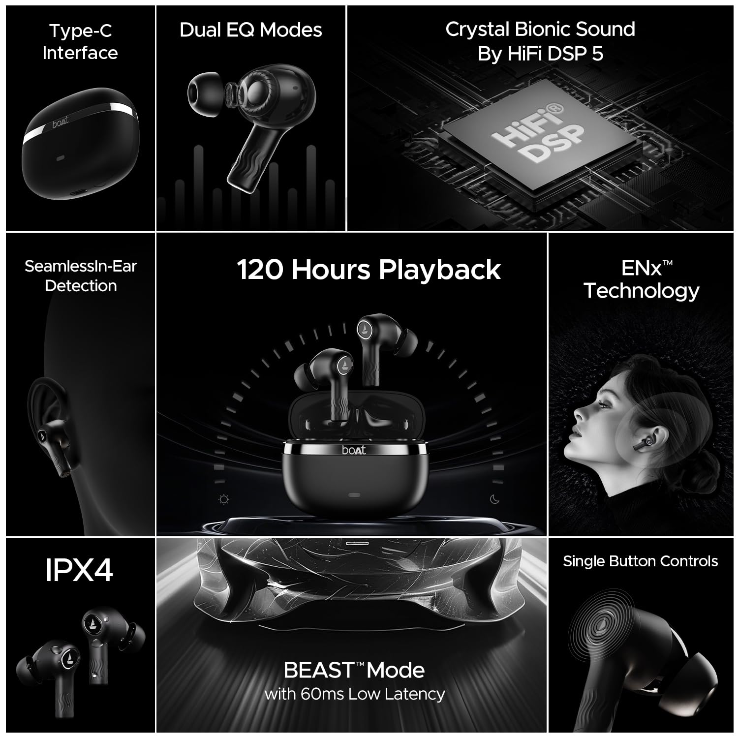 boAt Nirvana Ion, 120HRS Battery, Crystal Bionic Sound w/Dual EQ Modes, 4Mics ENx, App Support, Low Latency, IPX4, v.5.2 Bluetooth Earbuds, TWS Ear Buds Wireless Earphones with mic (Charcoal Black) image 2
