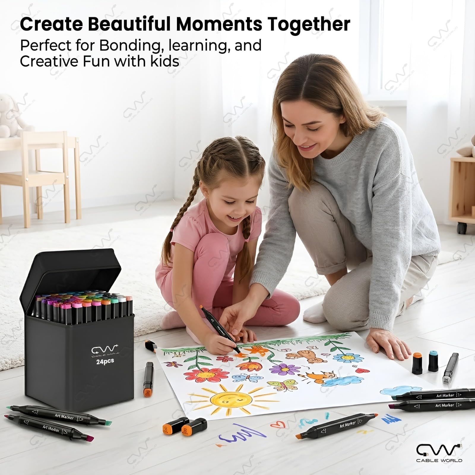 Cable World Dual Tips 24 Colors Markers Set, Art Markers for Adult Coloring Books, Artist Drawing Sketch Markers Set with Fine & Brush Tip (24 Pcs) image 4