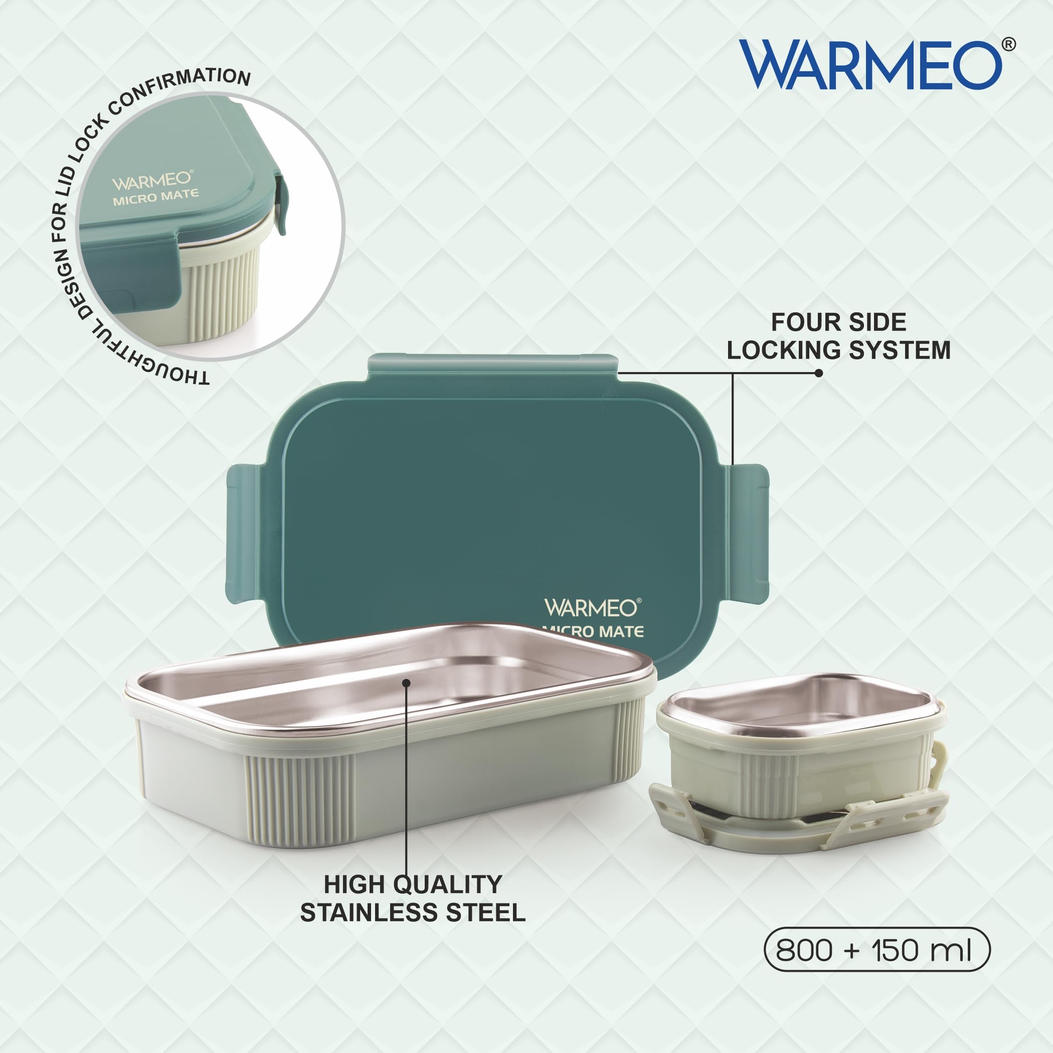 WARMEO MICROMATE Microwave-Safe Stainless Steel Lunch Box, Bpa Free, Perfect for Office, School, Travelling, Combo(800ml+150 ml),Green image 5