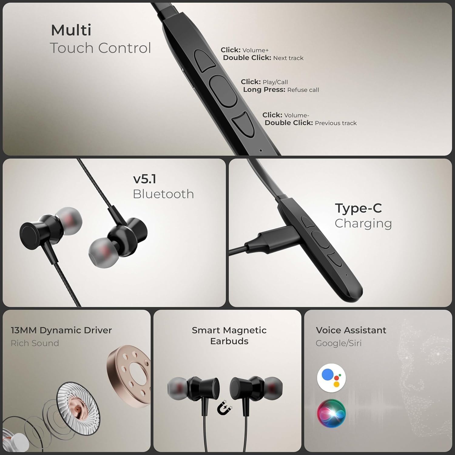 Kratos N1 Neckband Bluetooth Headphones with 30 Hours Playtime with 13mm Drivers, Rich Music Experience, Type C Fast Charging, Neckband Earphones with Voice Assistant & IPX4 Water Resistant image 4