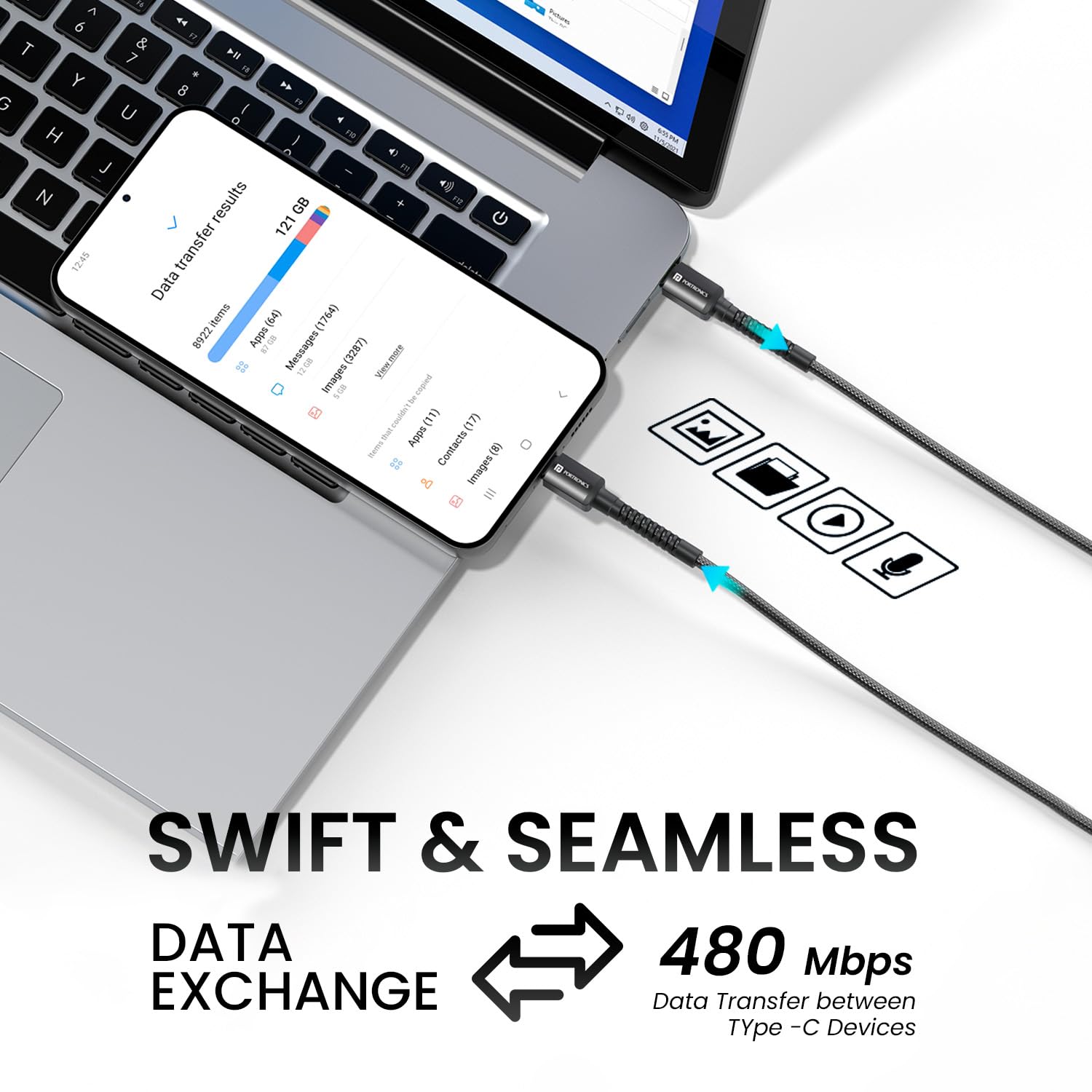 Portronics Konnect X 60W Type C to Type C Unbreakable Nylon Braided Cable, 1M Fast Charging Cable for iPhone 15 series, iPad, Samsung Galaxy & other Type C Devices(Black) image 3