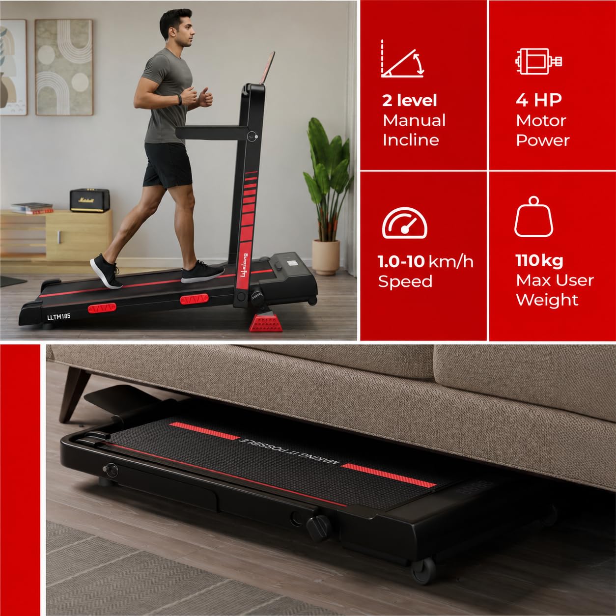 Lifelong Walking Pad Treadmill | 4 HP Motor | Foldable Handle | LED Display & Remote Control | 2-Level Manual Incline | Anti-Slip Belt | Compact Under Desk Running Machine for Home & Office (Black) image 5
